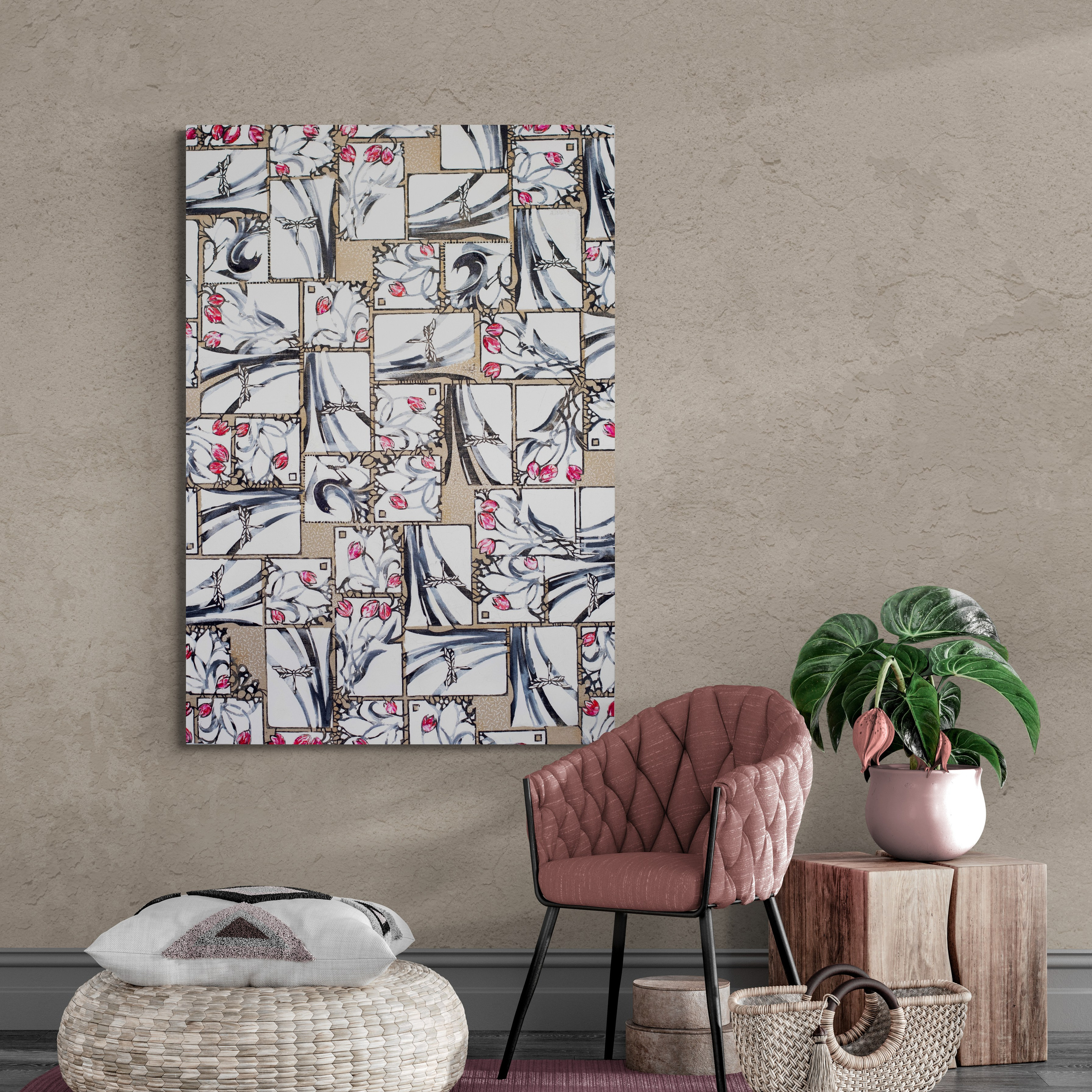 “Blackbirds and Tulips” Mixed media. Print on canvas, embroidery on canvas, oil on canvas 90×130 cm