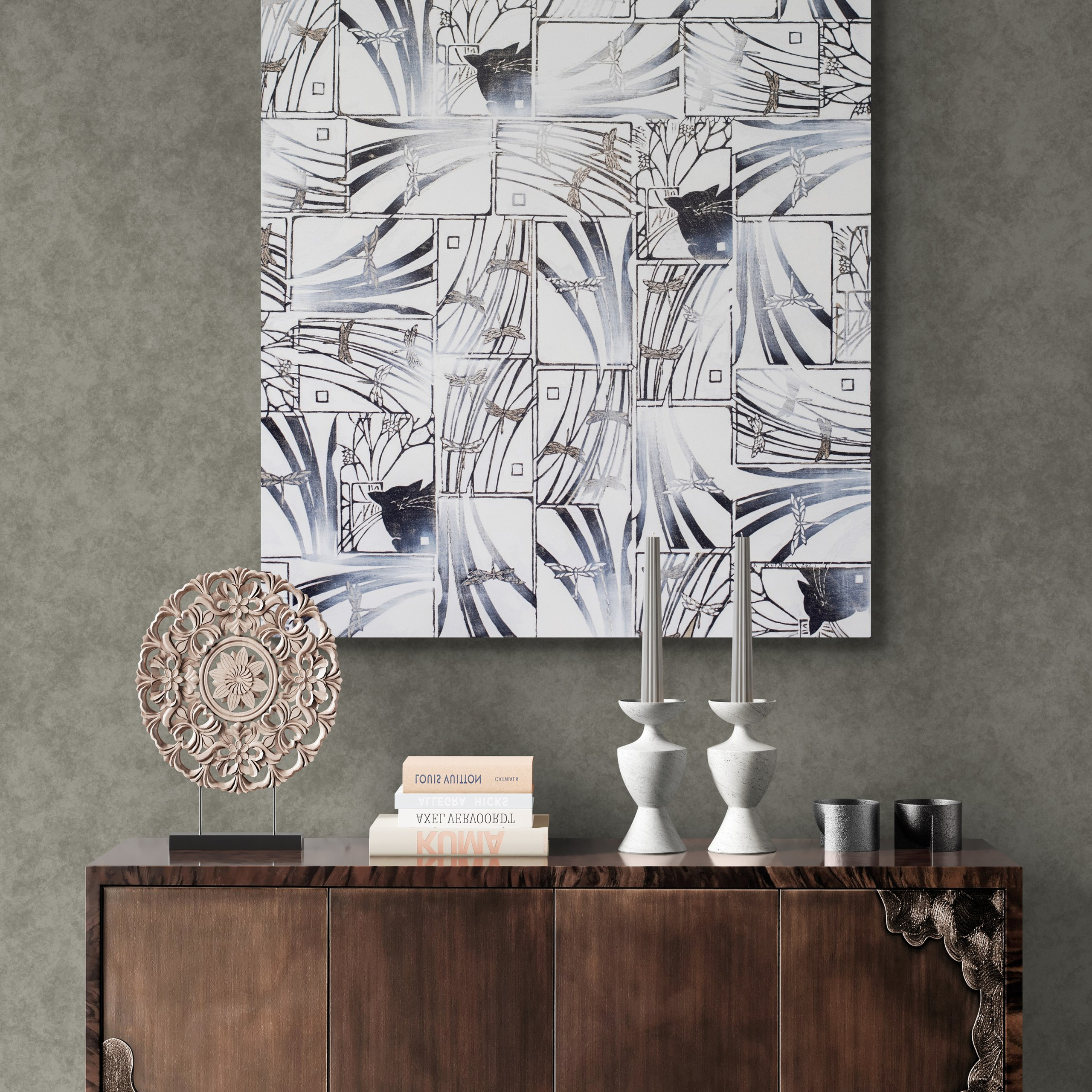 “Cats and Dragonflies” Black/White. Mixed media. Print on canvas, embroidery on canvas, oil on canvas 90×135