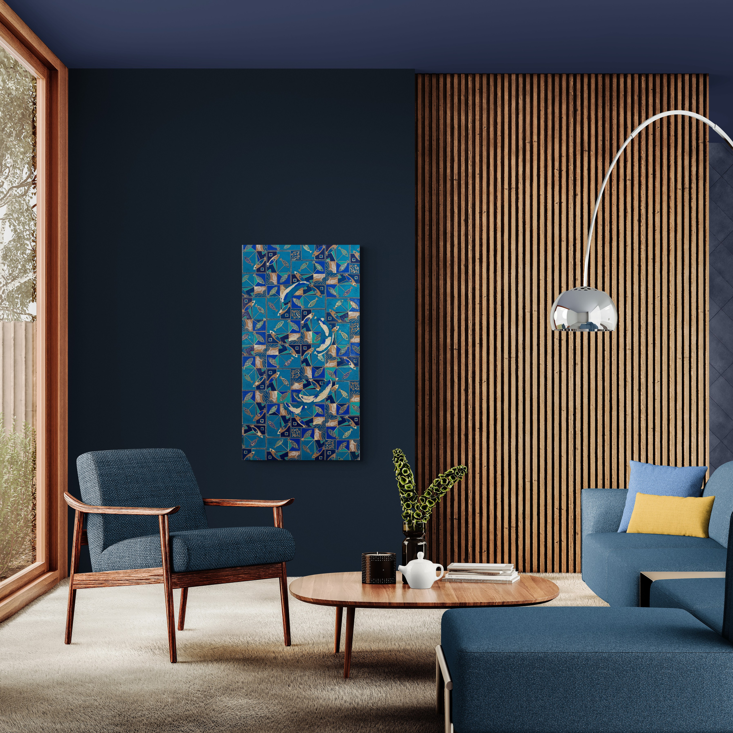 “Fish O ‘Clock” Mixed media, print on canvas, embroidery on canvas, oil on canvas 70×130 cm