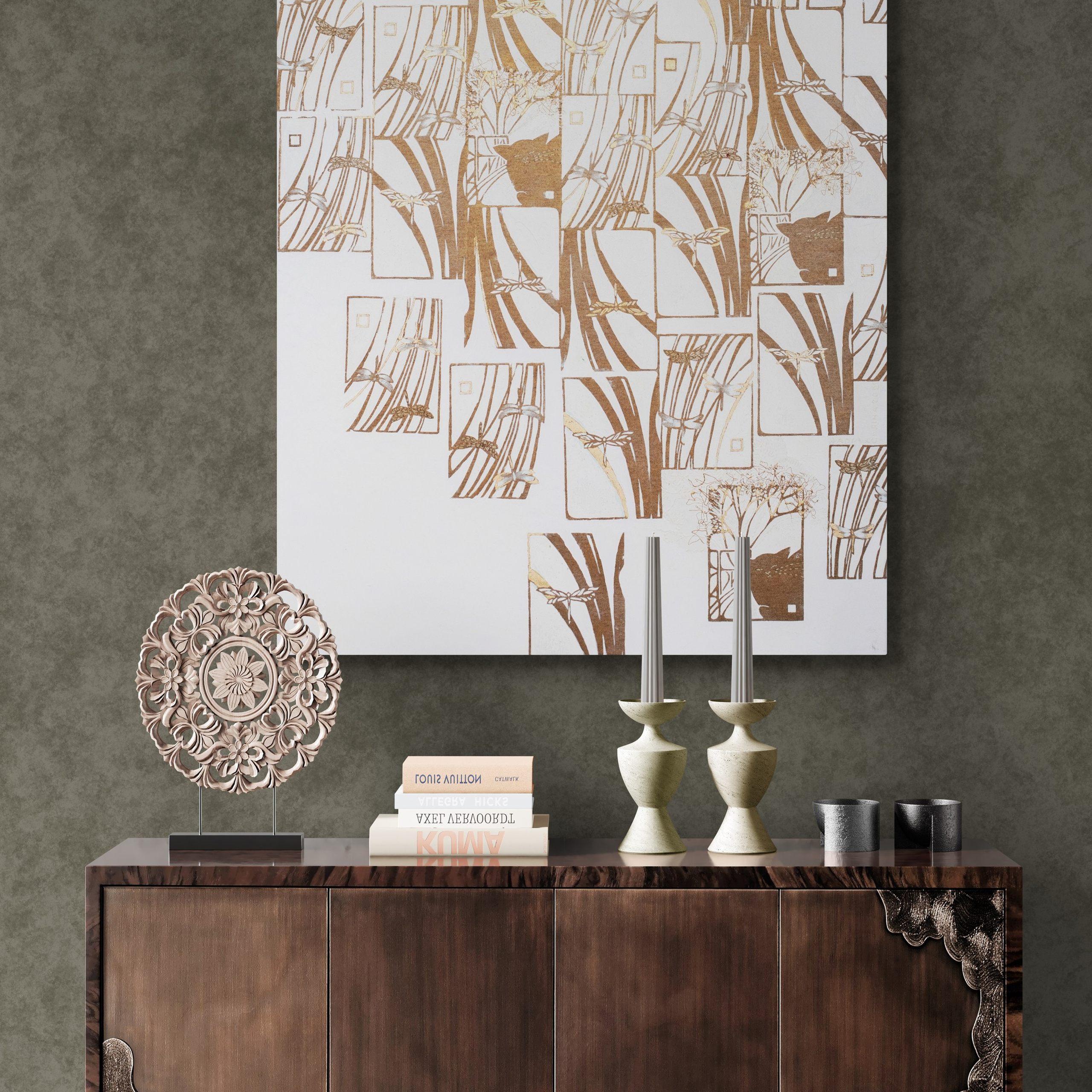 “Cats and Dragonflies” Gold/White Mixed media, print on canvas, embroidery on canvas, oil on canvas, 90×136 cm