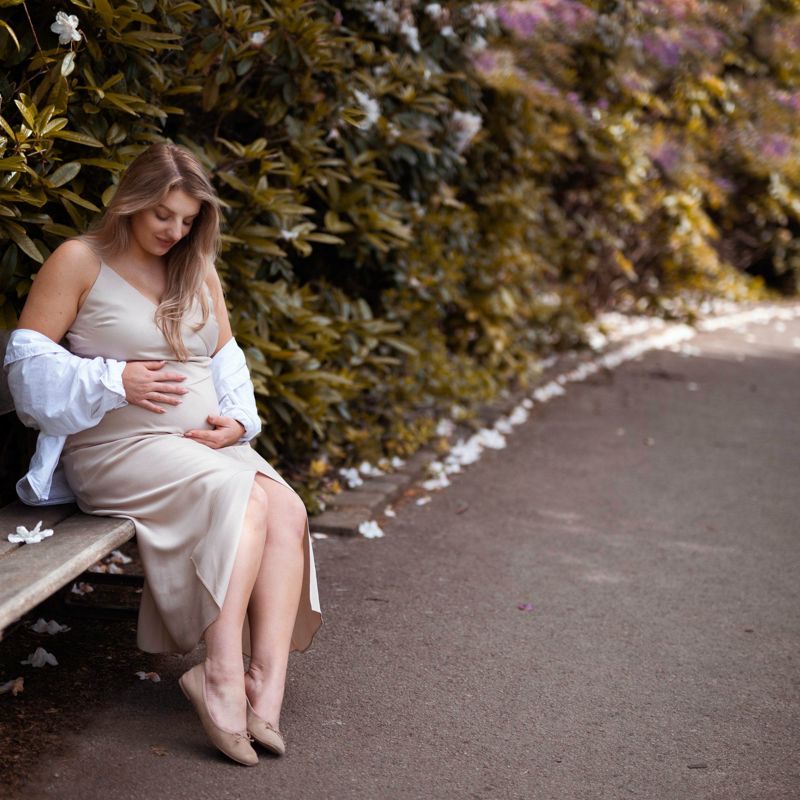 An enchanting portrait of a young girl sitting on a bench, surrounded by the vibrant pink rhododendron blooms in Yorkshire's Fountains Abbey.