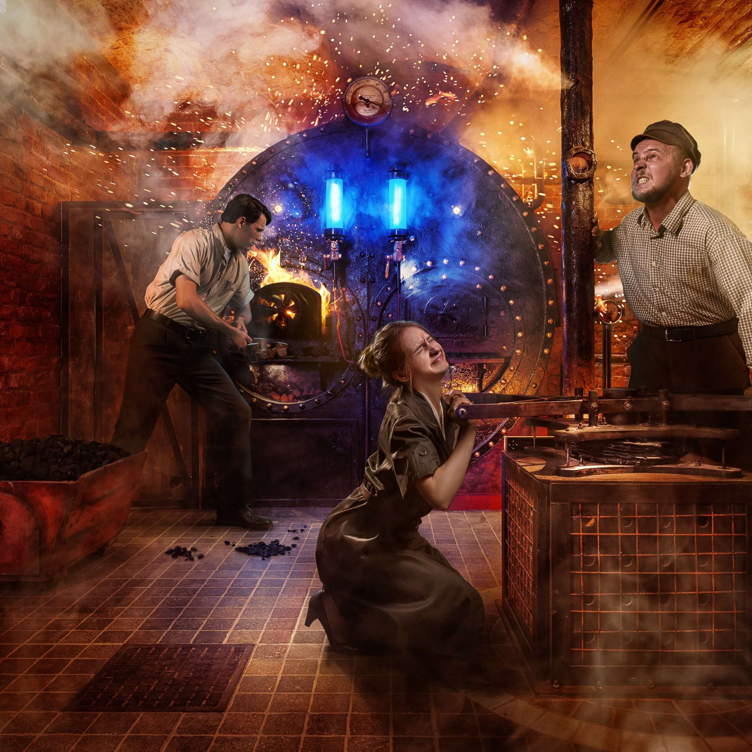 Vivid portrayal of a steampunk-inspired scene, individuals are engrossed in their work around a fantastical boiler, surrounded by gears and glowing tubes, evoking the fusion of history and fantasy