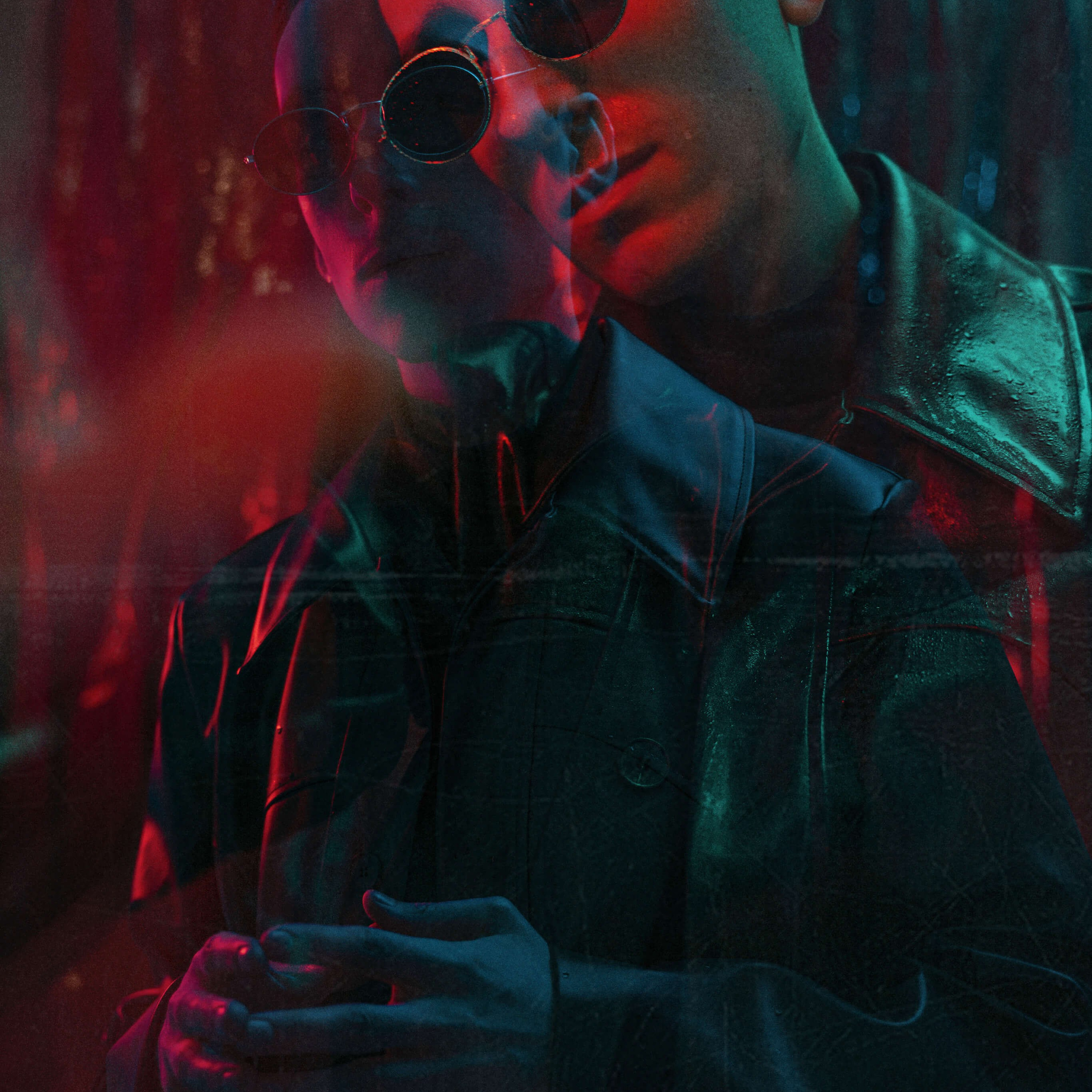 Portrait of a stylish individual in a vibrant urban setting, with a double exposure effect adding a dynamic layer to the image