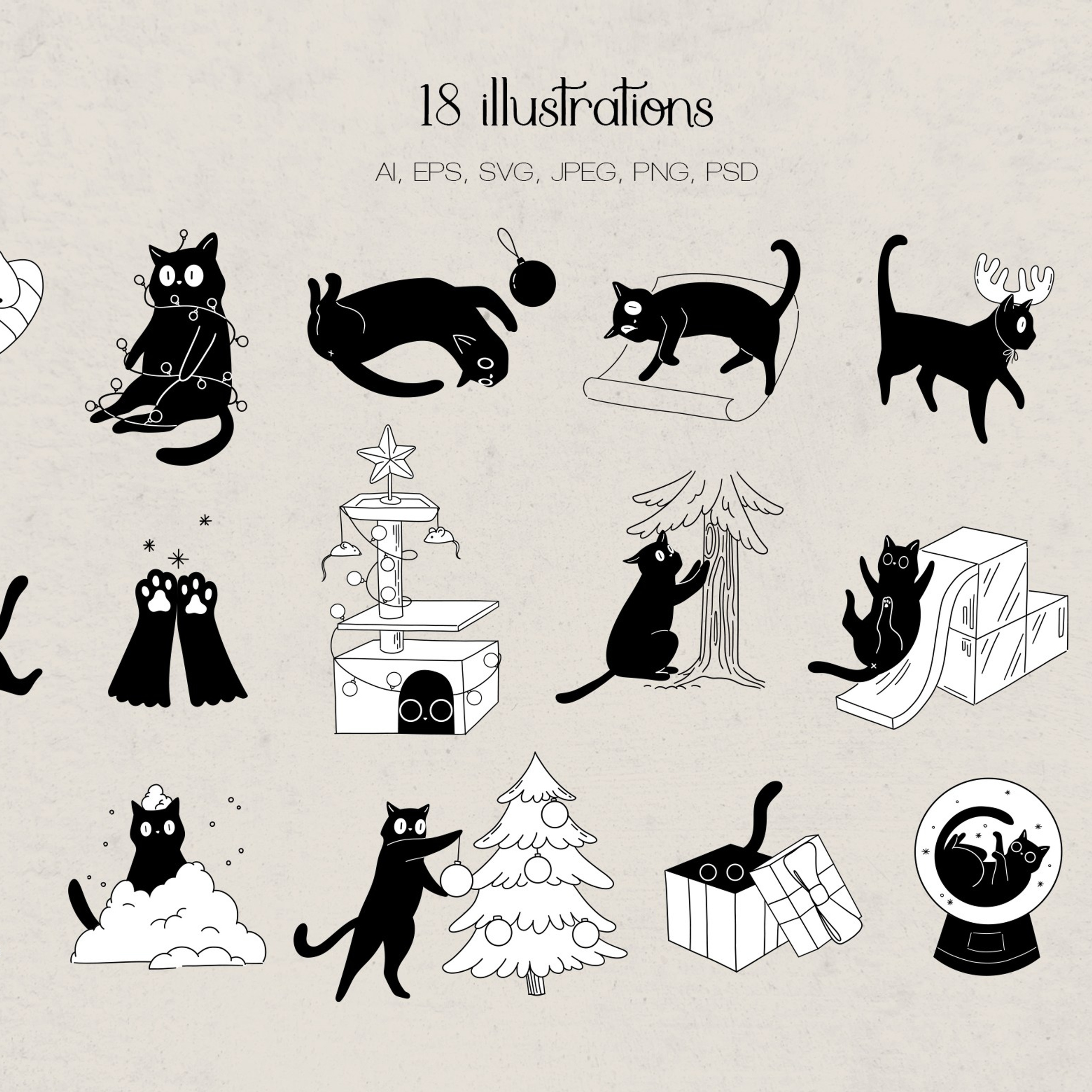Merry Meows | Festive cats. Helen Reveur | Illustrator & Brand Designer | Ready-Made & Custom Illustrations