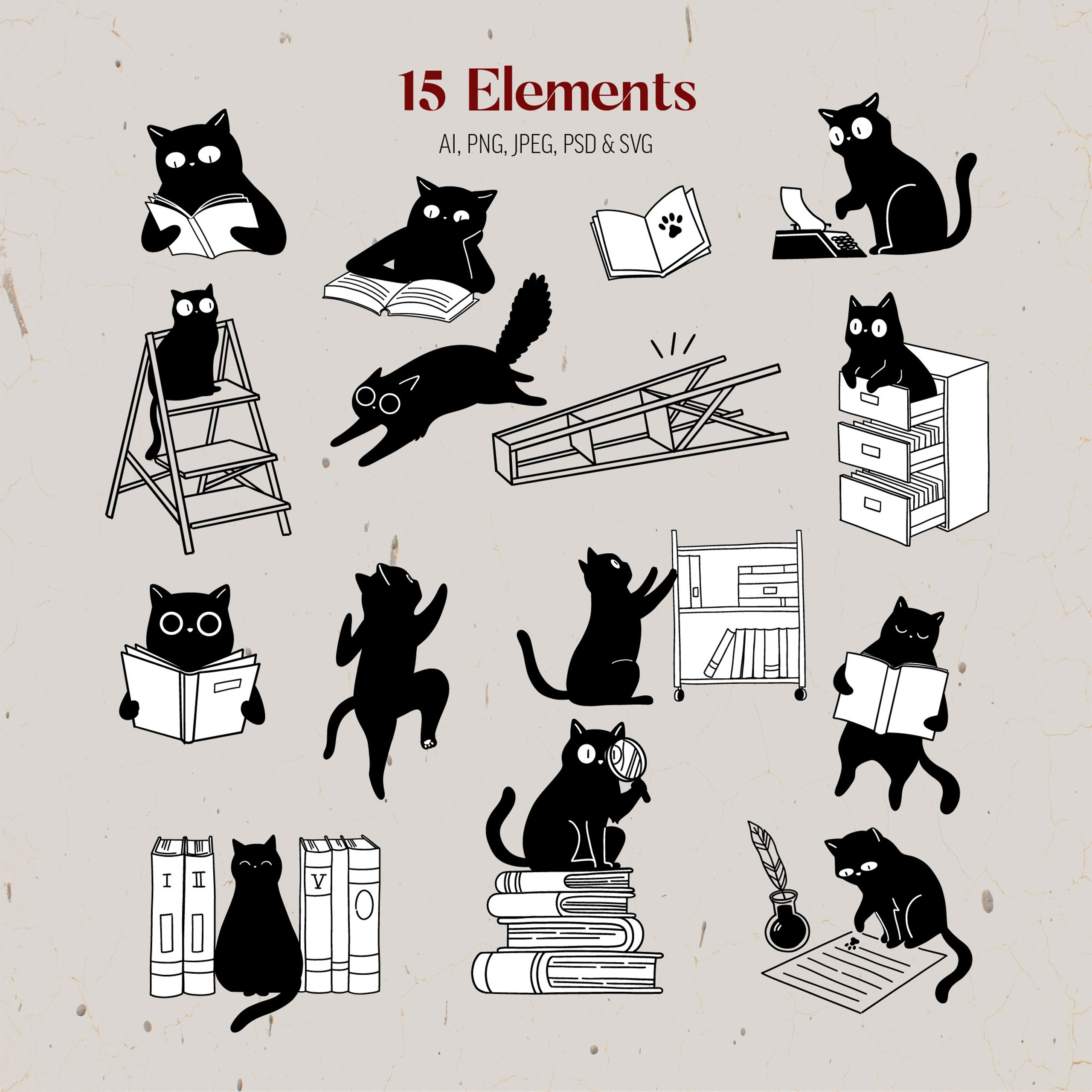 Library Cats Clipart Set. Helen Reveur | Illustrator & Brand Designer | Ready-Made & Custom Illustrations