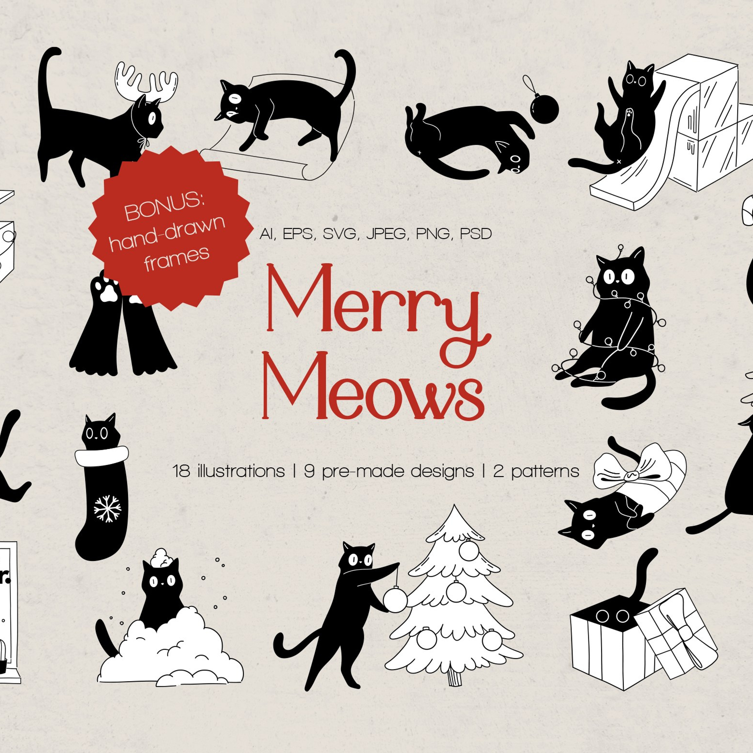 Merry Meows | Festive cats. Helen Reveur | Illustrator & Brand Designer | Ready-Made & Custom Illustrations