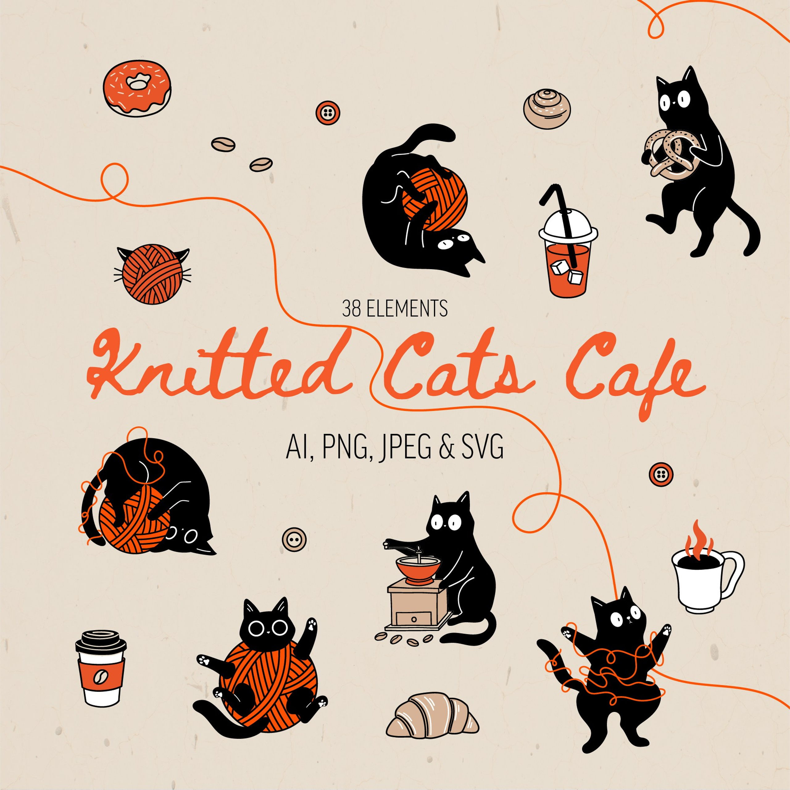 Knitted Cat Cafe Illustrations Set. Helen Reveur | Illustrator & Brand Designer | Ready-Made & Custom Illustrations