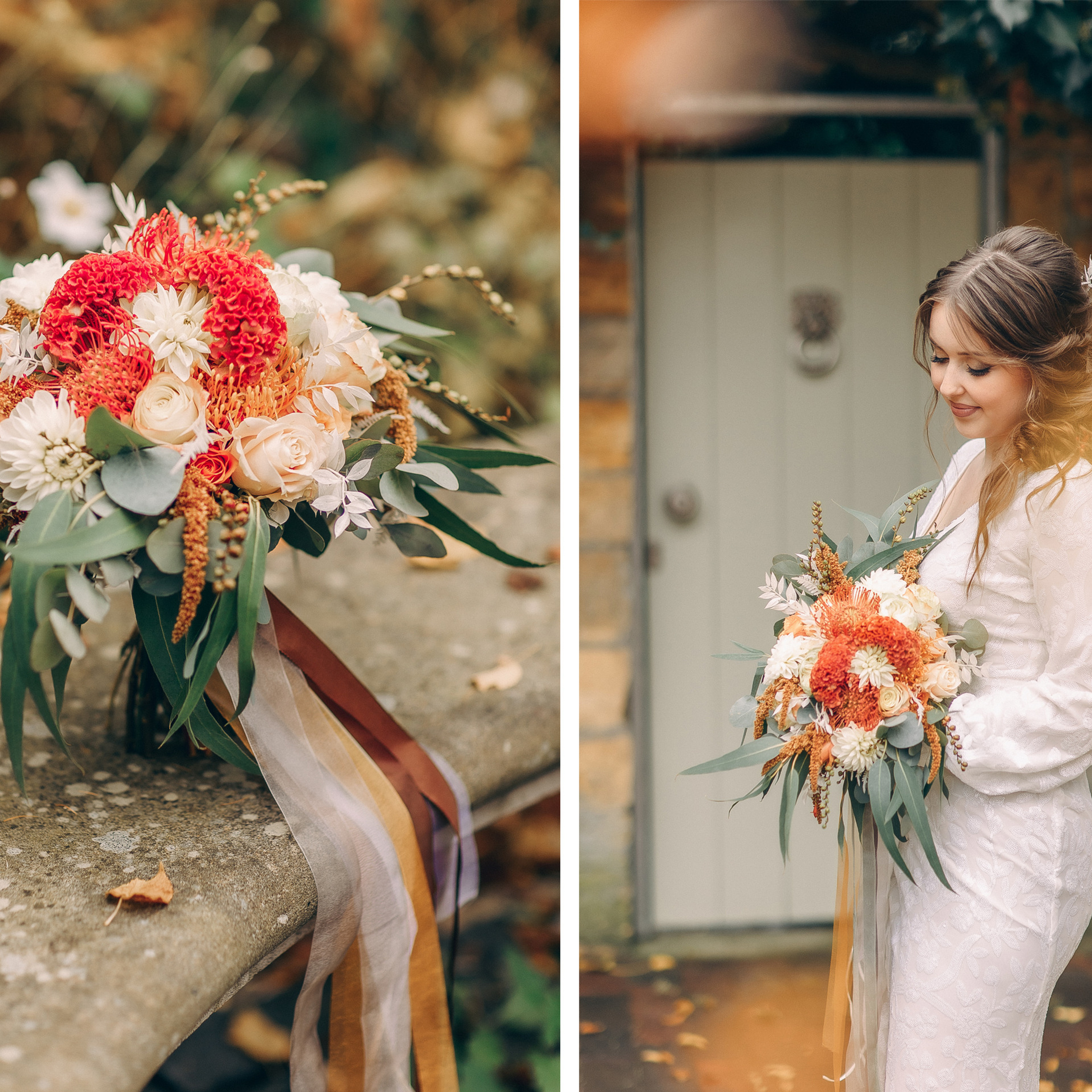 Hochzeit im Herbst, Hochzeitsfotoshooting im Herbst, Hochzeitsfotograf Osnabrück, Hochzeitsfotograf Ibbenbühren, Hochzeitsfotografin Osnabrücker Land, Hochzeit in Hörstel, Hochzeit im Herbst - herbstlicher orange-weißer Brautstrauß