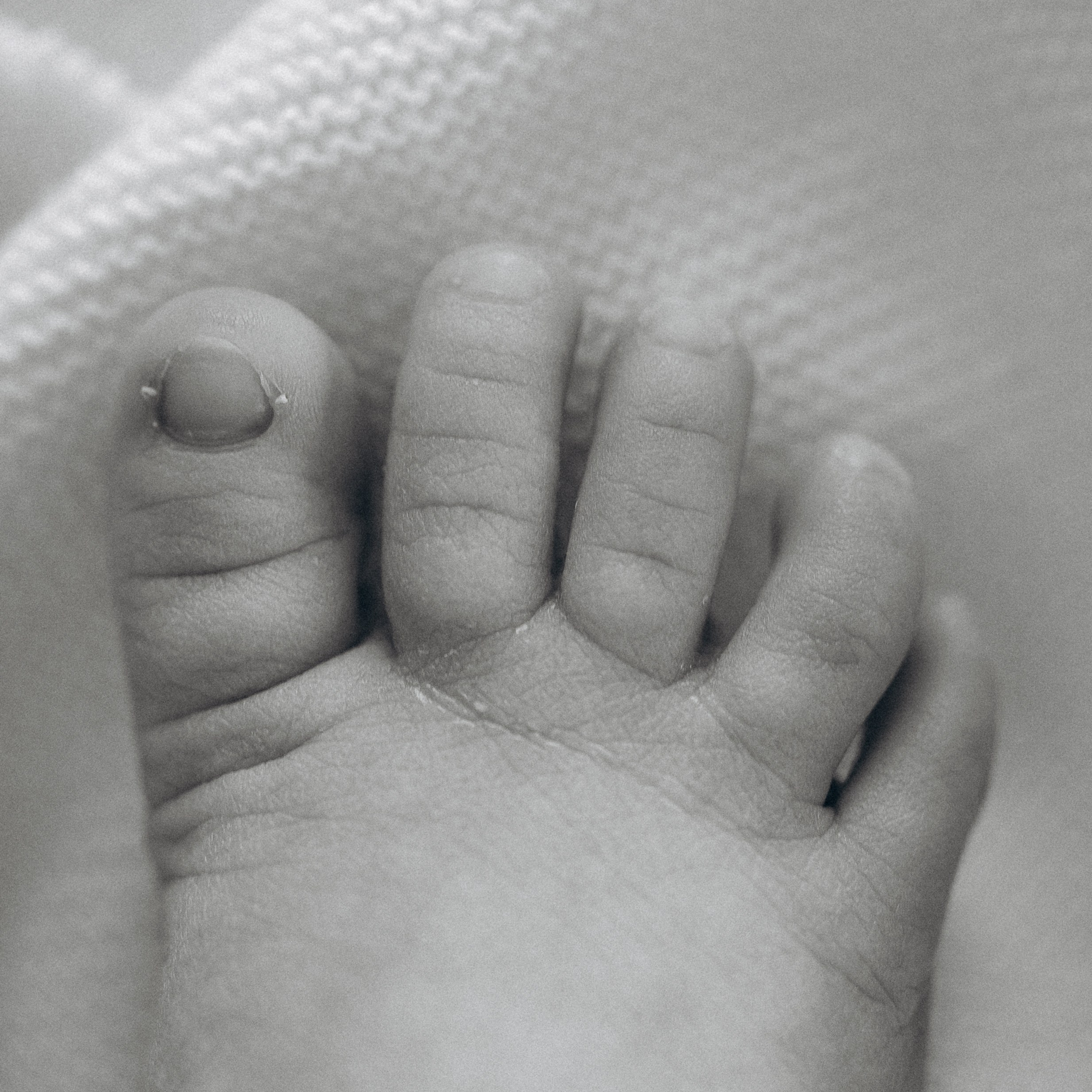 Ein Babyfuß vom Neugeborenem auf der Strickdecke.