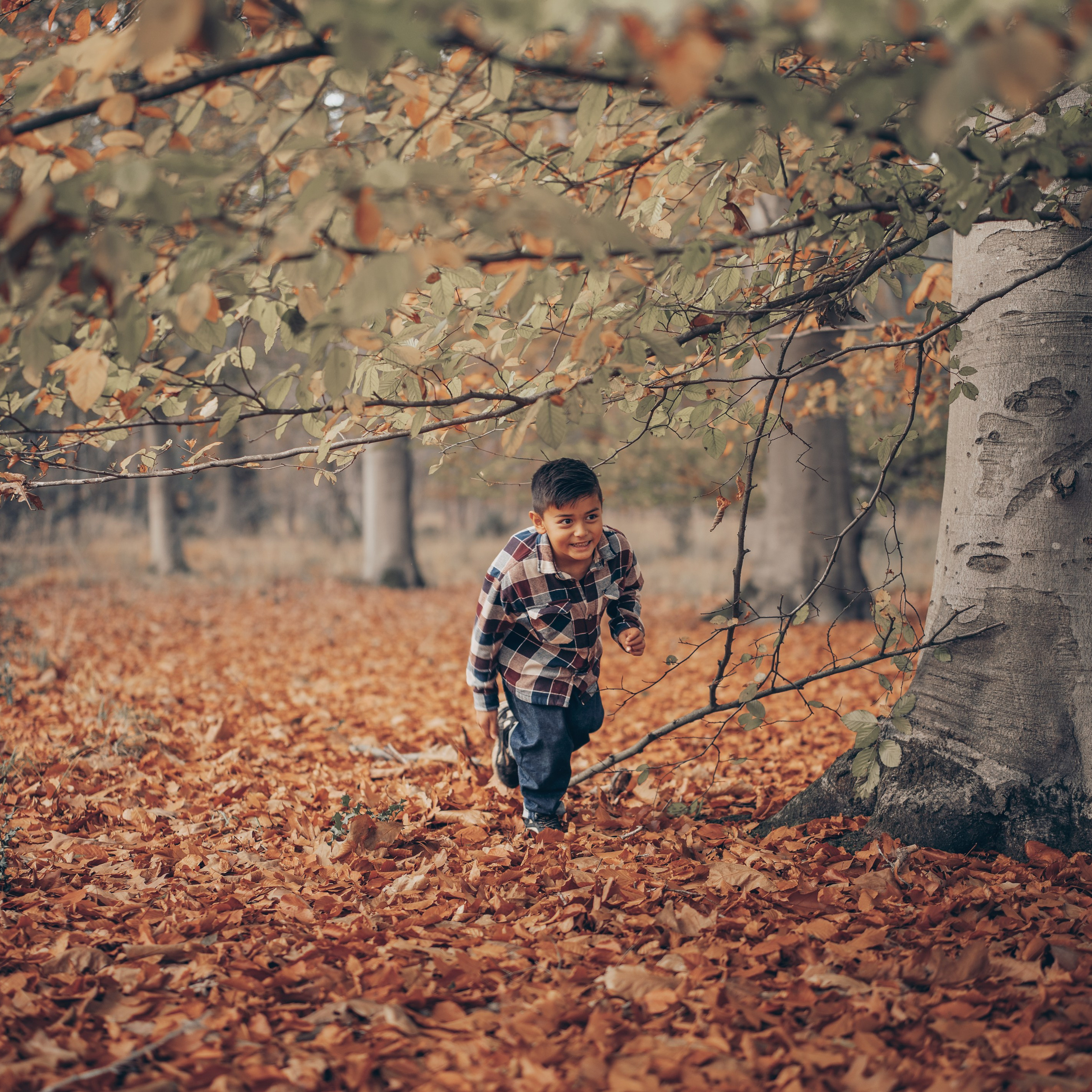 Familieportret tussen vallende bladeren tijdens een herfstwandeling - Kapture Fotografie
