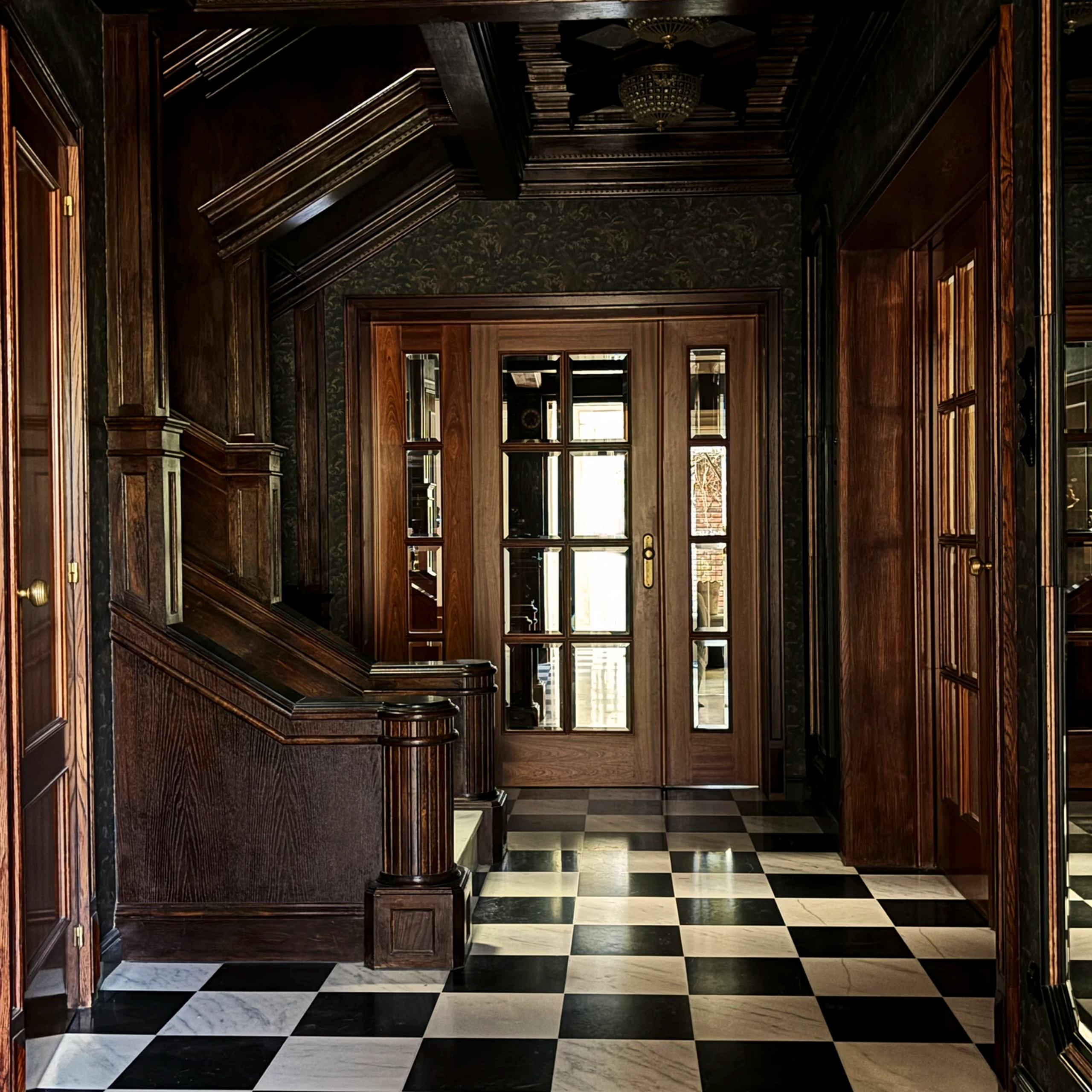 Lokalizacja do portretowych sesji zdjęciowych w eleganckim, klasycznym stylu. Ciemne drewno, lustrzane odbicia i szachownicowa podłoga tworzą wyjątkowy klimat.