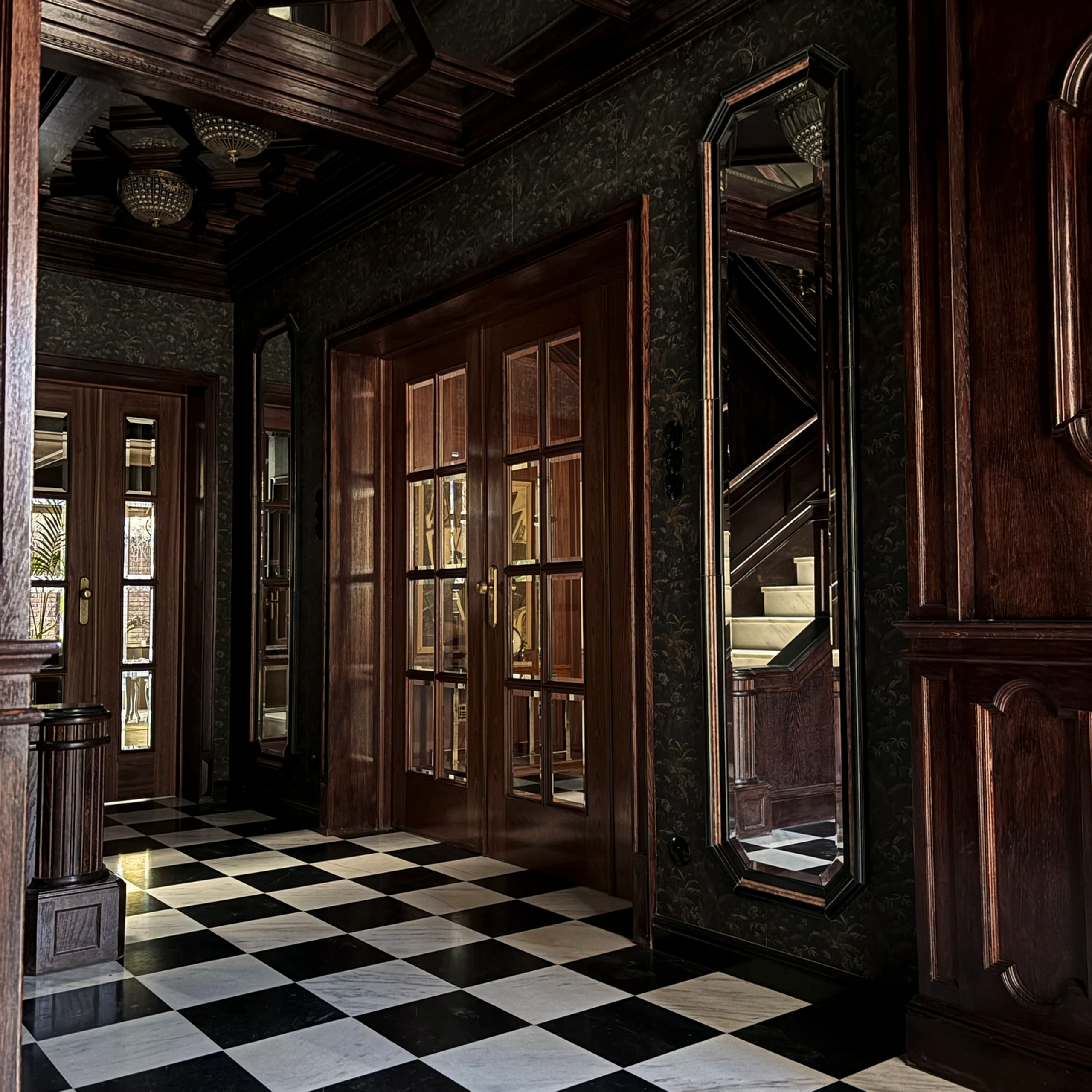 Miejsce na sesję zdjęciową w stylu vintage – drewniane schody, bogato zdobione balustrady i klasyczne obrazy na ścianach dodają charakteru.