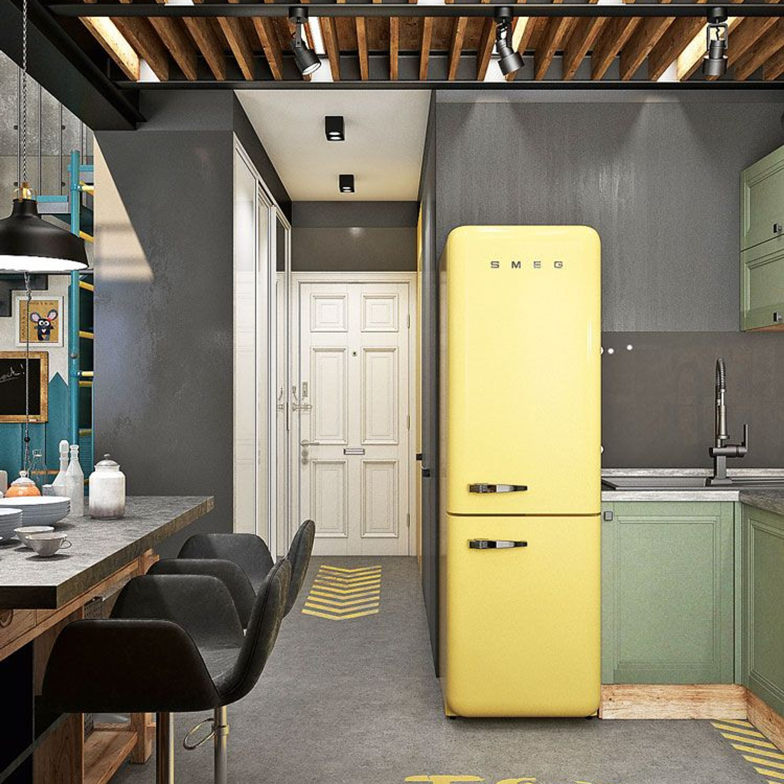 Colorful eclectic kitchen with a yellow retro-style fridge, green cabinets, and wooden beam ceiling