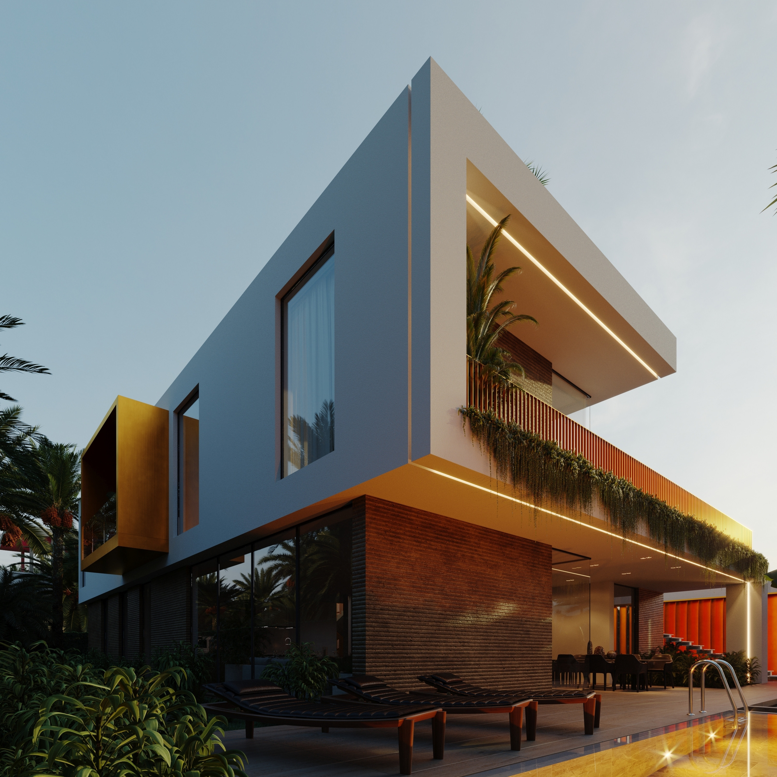 Luxury modern home exterior at sunset, with spacious terraces and pool area