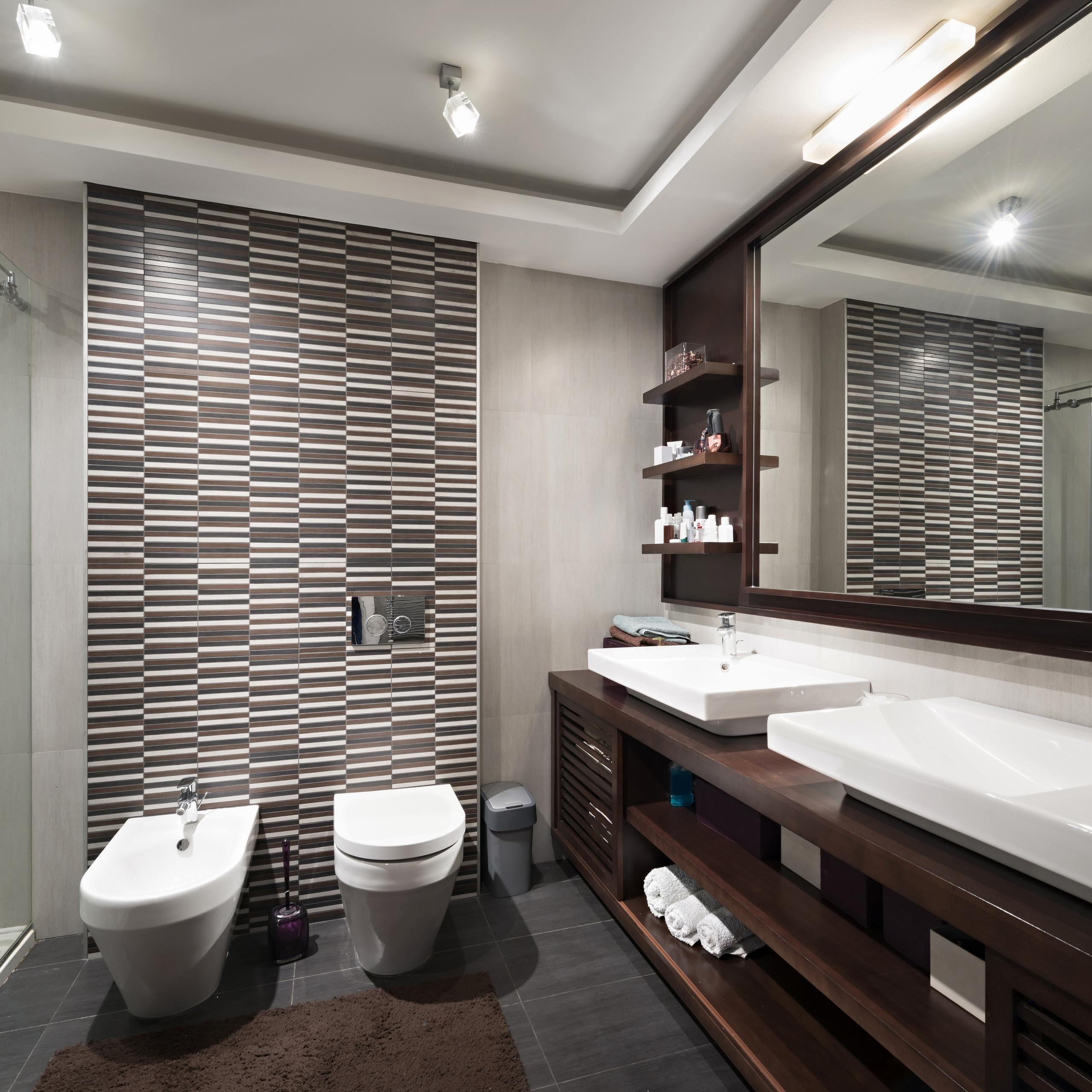 Modern bathroom with a double sink vanity, large mirror, bidet, and shower with glass doors