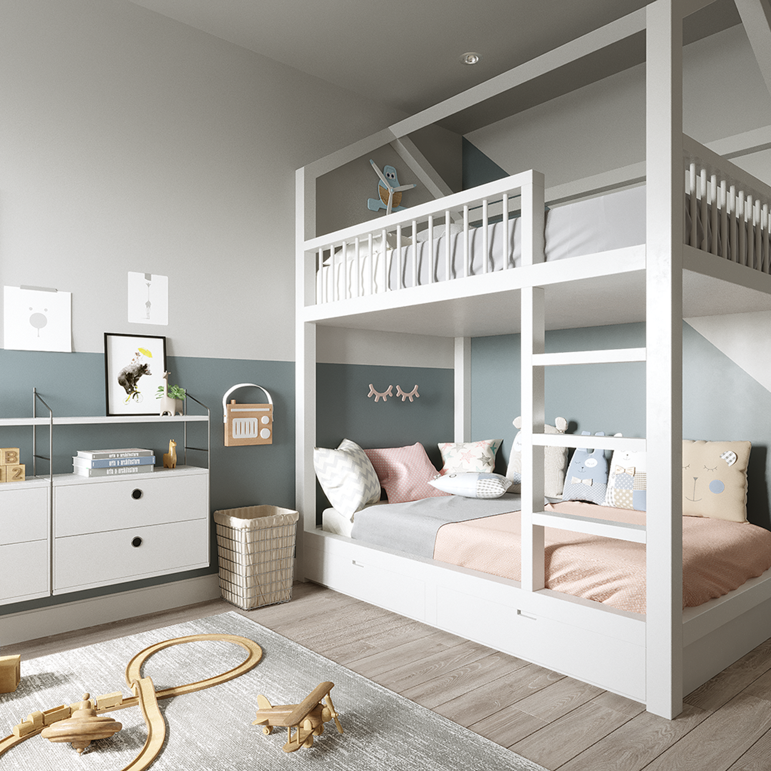 Kids' room featuring a loft-style bunk bed, cozy reading area below, and a toy train set on the floor