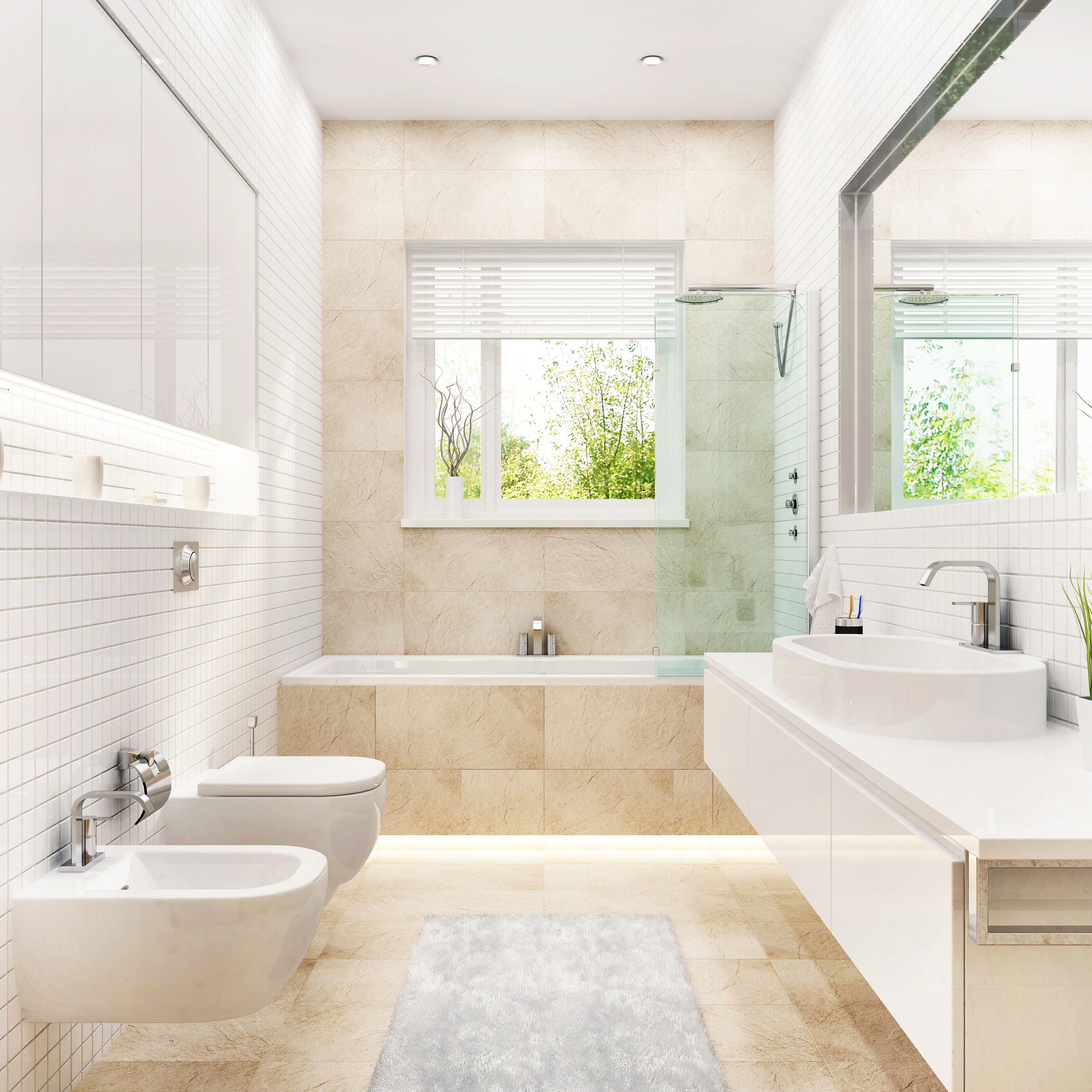 Contemporary bathroom with a neutral color palette, bidet and toilet, and a minimalist design emphasizing clean lines and bright light