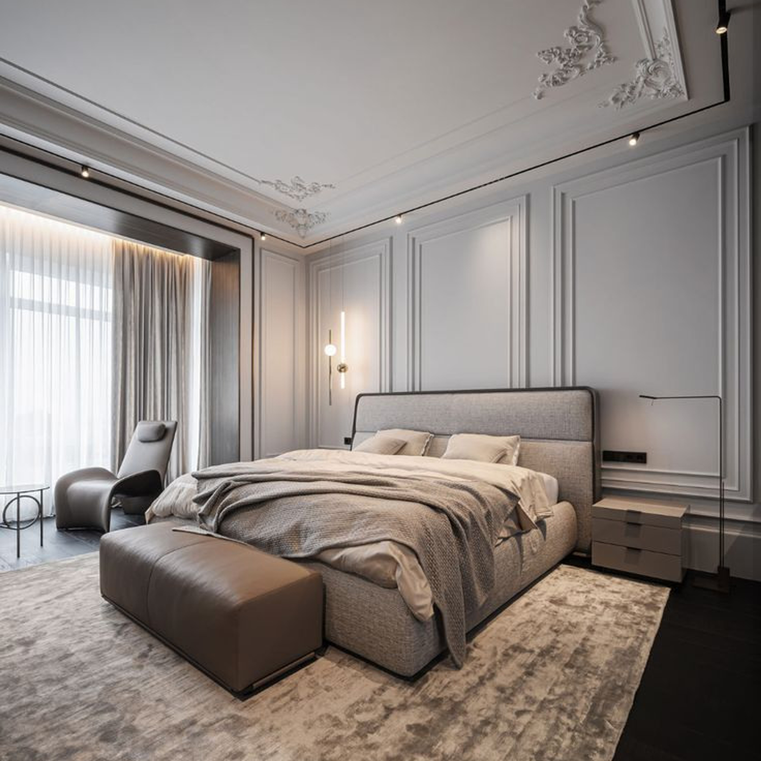 Elegant master bedroom featuring a neutral color palette, detailed wall paneling, and soft ambient lighting