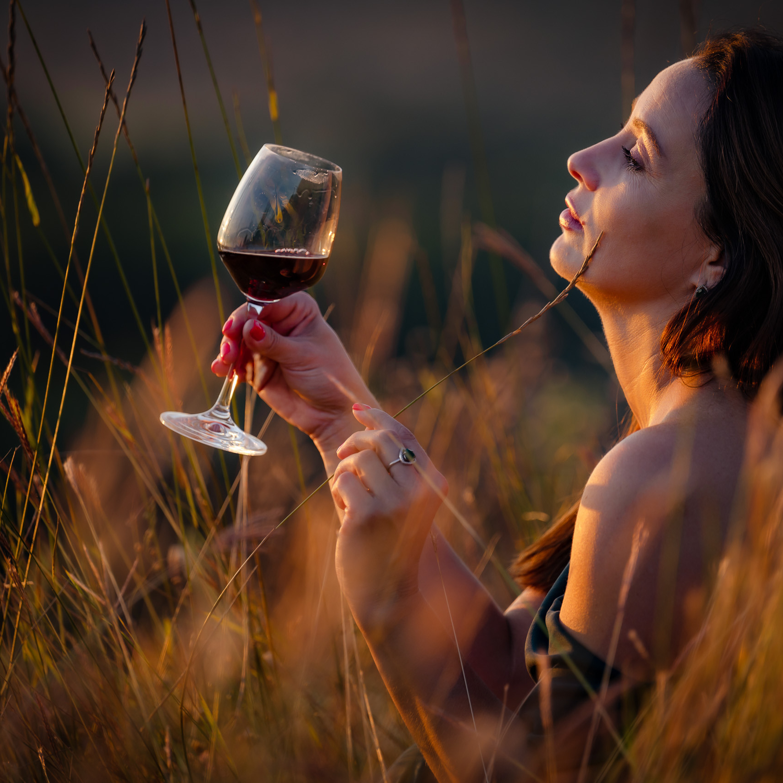 Eine Brünette mit einem Glas Rotwein sitzt im hohen Gras und genießt den Sonnenuntergang.