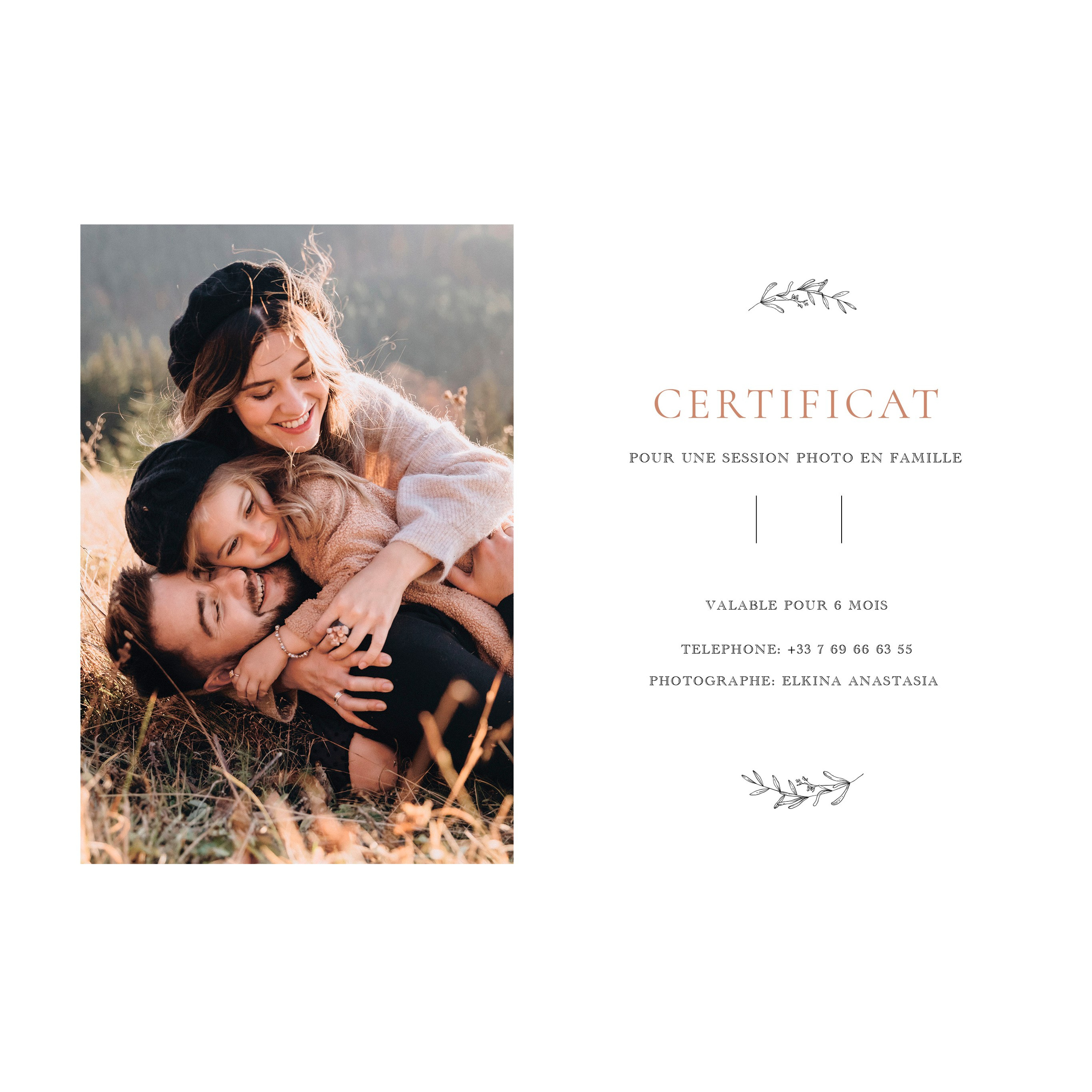 Certificat pour une session photo (famille). Photographe sur Cote d’Azur. Portraits de familles, couples, enfants, événements
