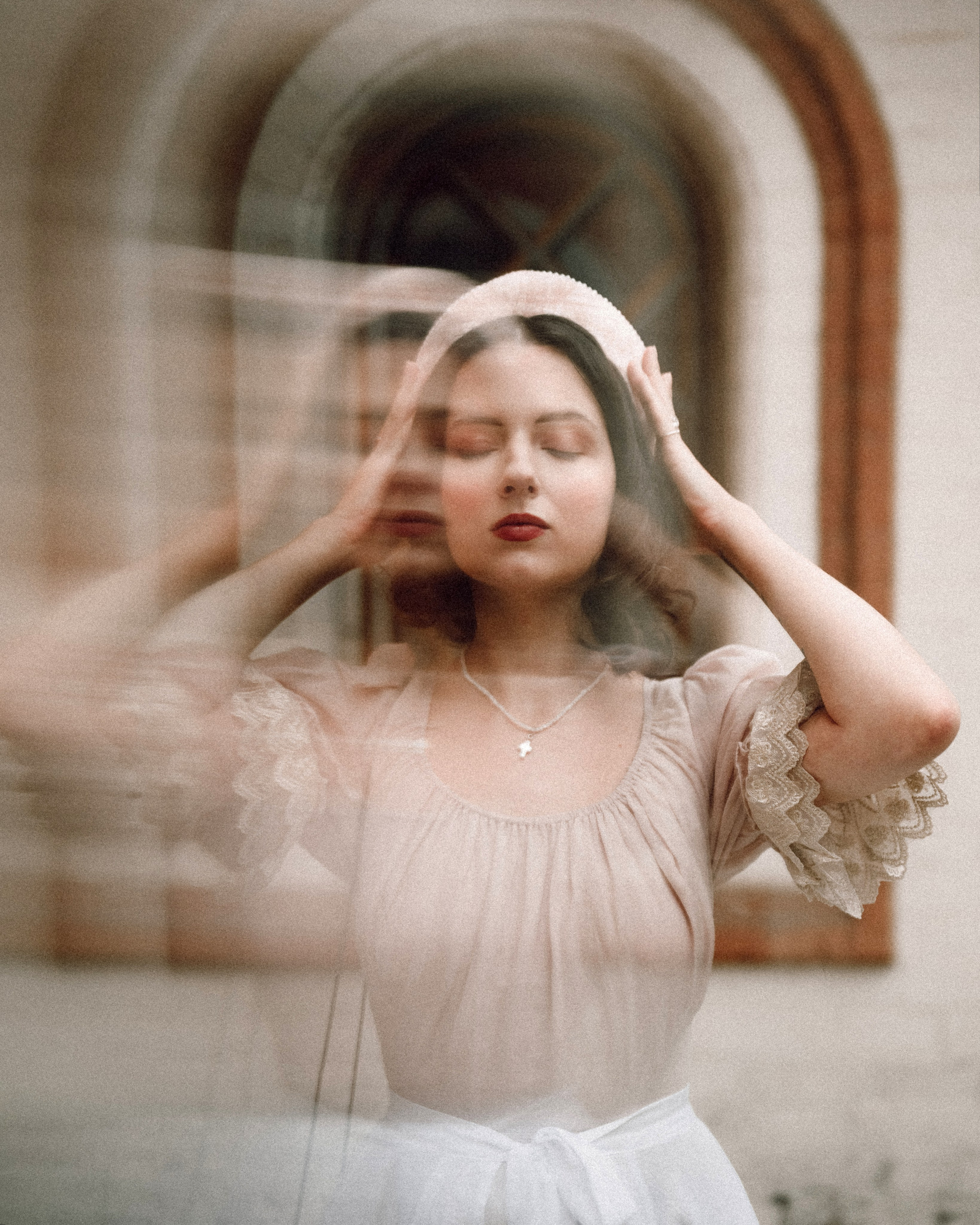 Slavic folklore shoot in traditional headwear and white dress