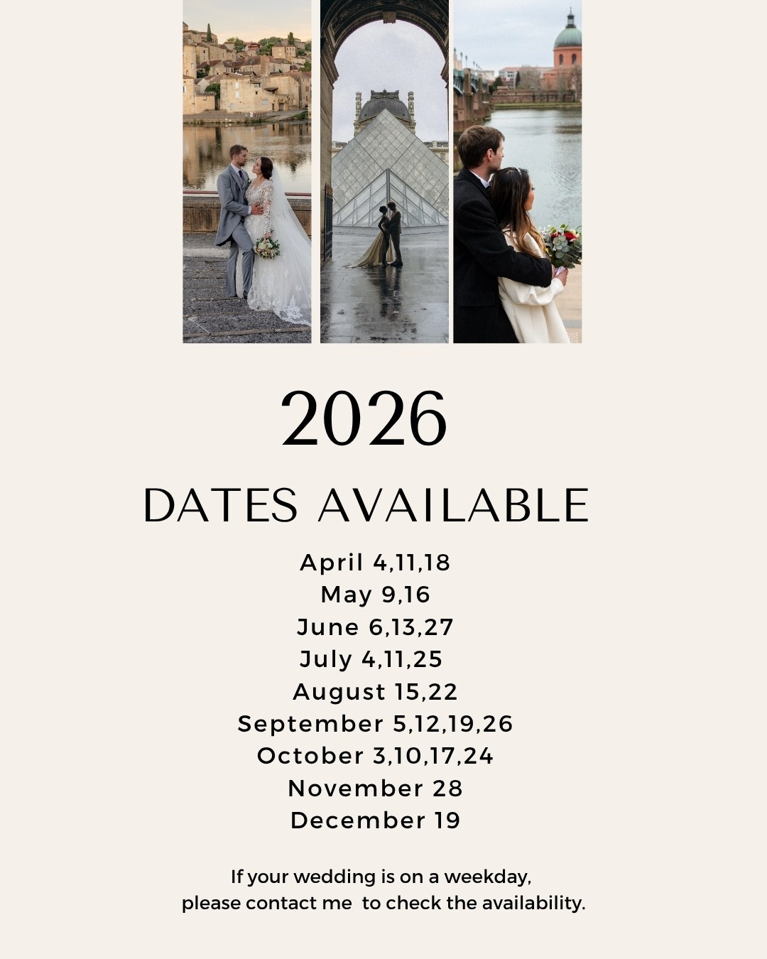 Wedding dates availability. Eugenie Smirnova — wedding, corporate and lifestyle photographer in Toulouse and Southwest France