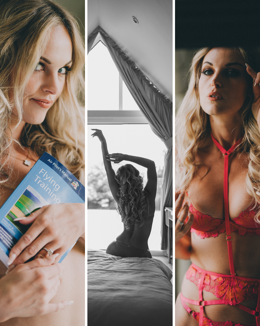 Triptych photography of a lady playing music in the woods.