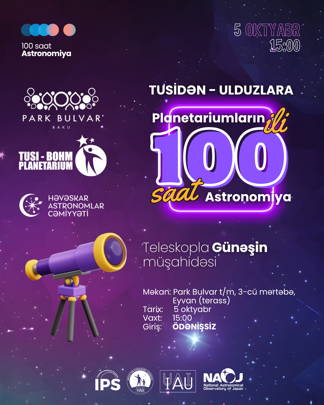 100 saat Astronomiya: Günəşin teleskopla müşahidəsi. Həvəskar Astronomlar Cəmiyyəti — Astronomy.az