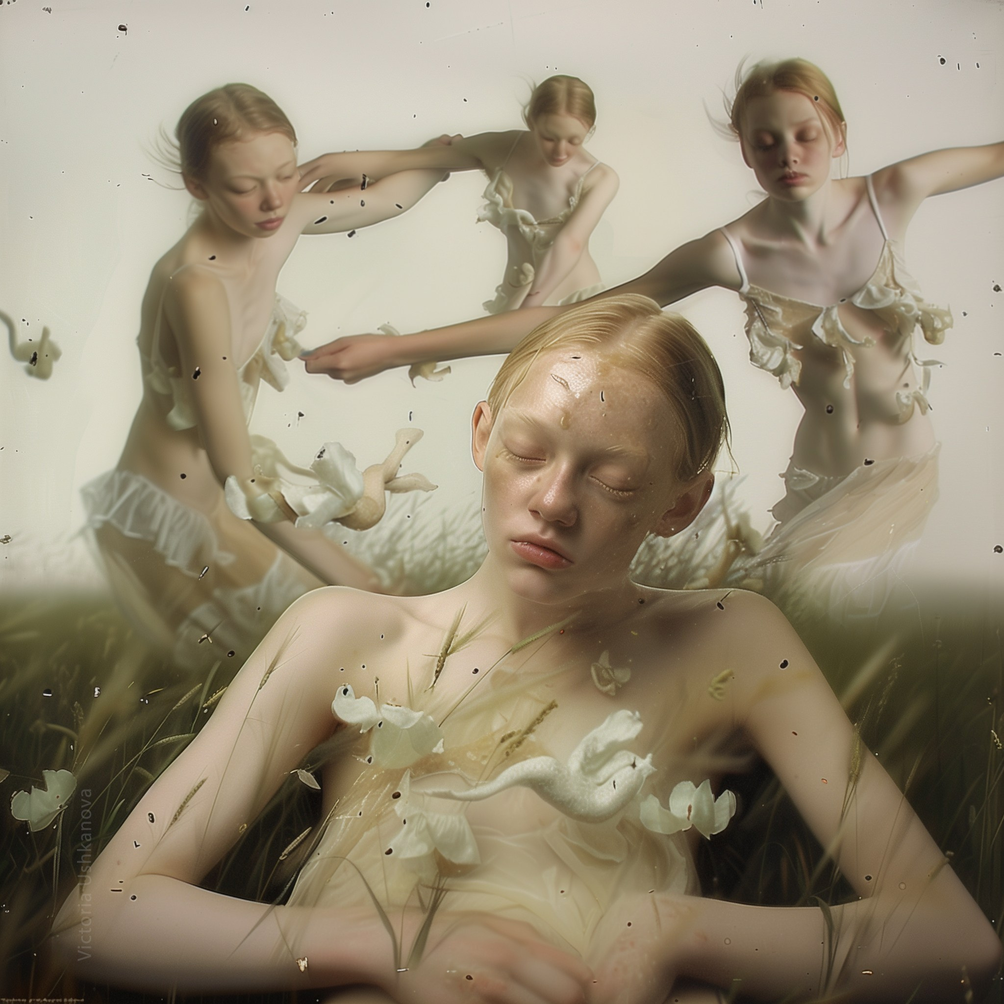 The AI portrait of a young boy on the field with nymphs. "Dreams about" AI-generated artwork for sale