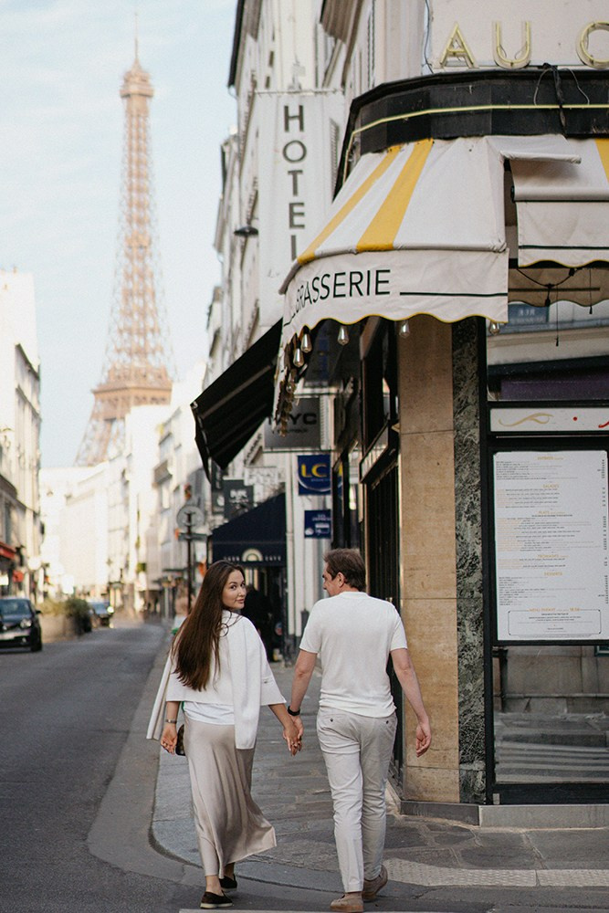 Facades of Rue Saint-Dominique with cafés for photography