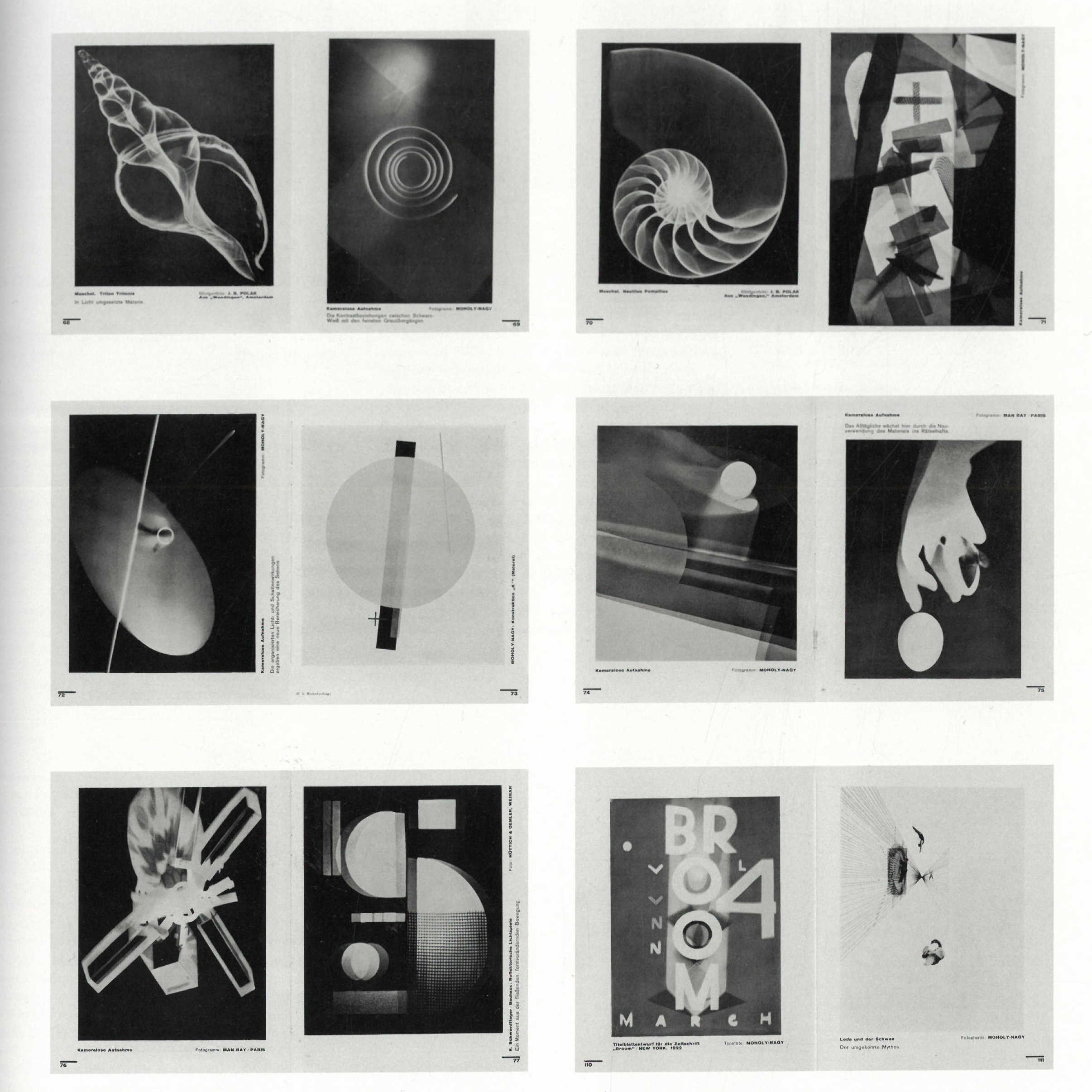 Разворот с серией экспериментальных фотографий и абстрактных композиций, исследующих ритм, повтор, масштаб и взаимодействие геометрических форм; пример системного визуального анализа в контексте Баухаус и ВХУТЕМАС.