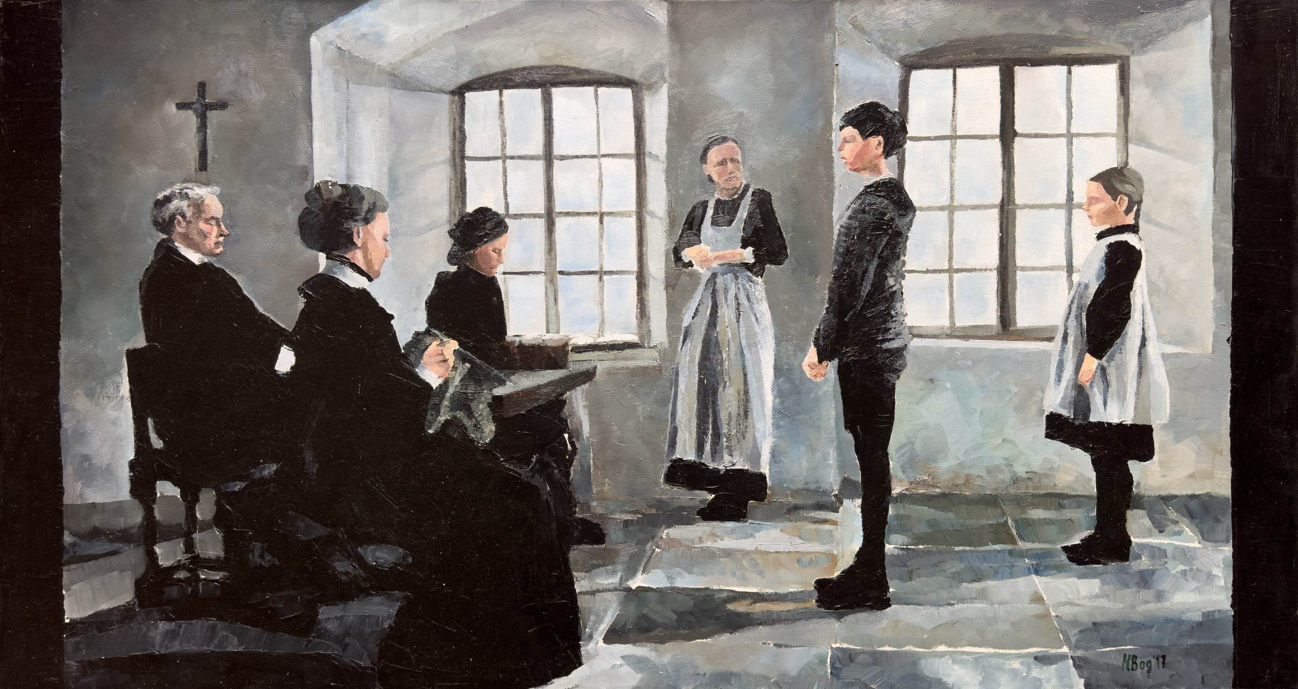 This is an oil on canvas, 110×60 cm, painting depicting a shot from Ingmar Bergman’s film Fanny and Alexander, which depicts the moment of Alexander’s “interrogation” by his stepfather. This moment sublimates the contrast of the change in the children’s lives after moving into the pastor’s home. The bright, theatrically detailed home of their father and grandmother contrasts with the puritanical asceticism of the pastor’s house. a world of permissiveness, love and joy as opposed to the harsh, cold world where there is no room for human love.This artwork is available for sale.