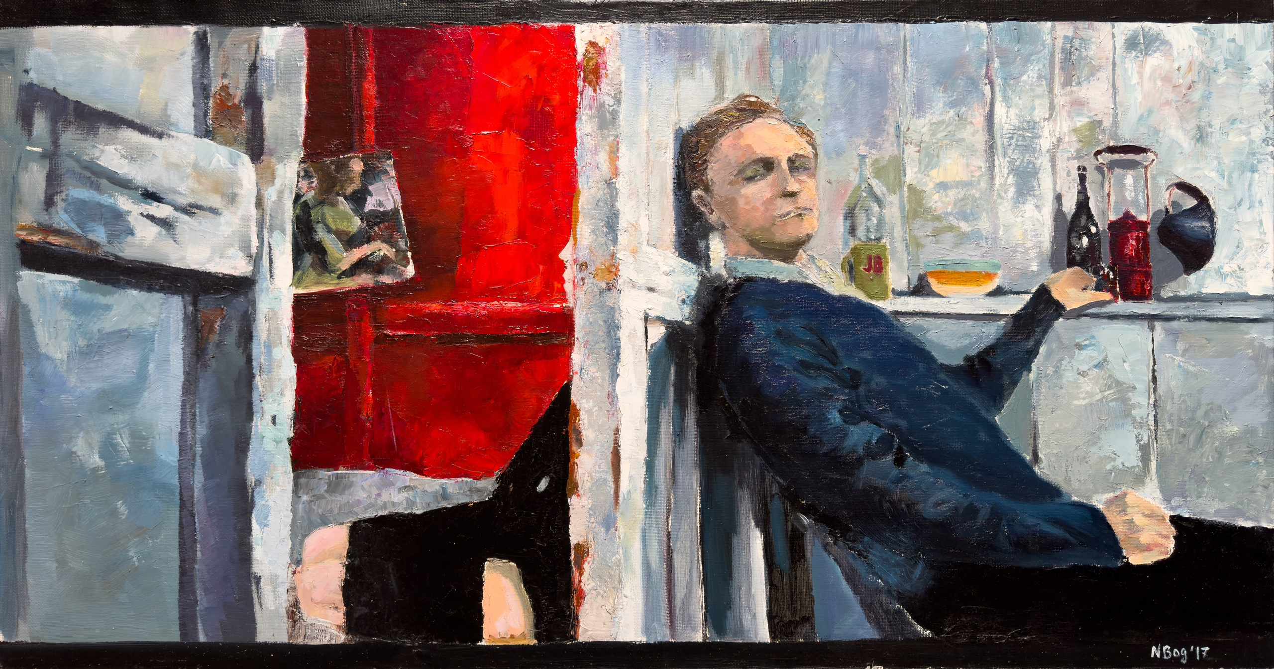 Oil painting on canvas, 110×60 cm, capturing a brief yet eloquent moment from Michelangelo Antonioni’s film 'Red Desert'. This scene visually embodies the separation and alienation of the main characters, where the director places a literal wall between them. The painting conveys this powerful metaphor with striking colour and composition, highlighting the emotional distance in their relationship. This artwork is available for sale