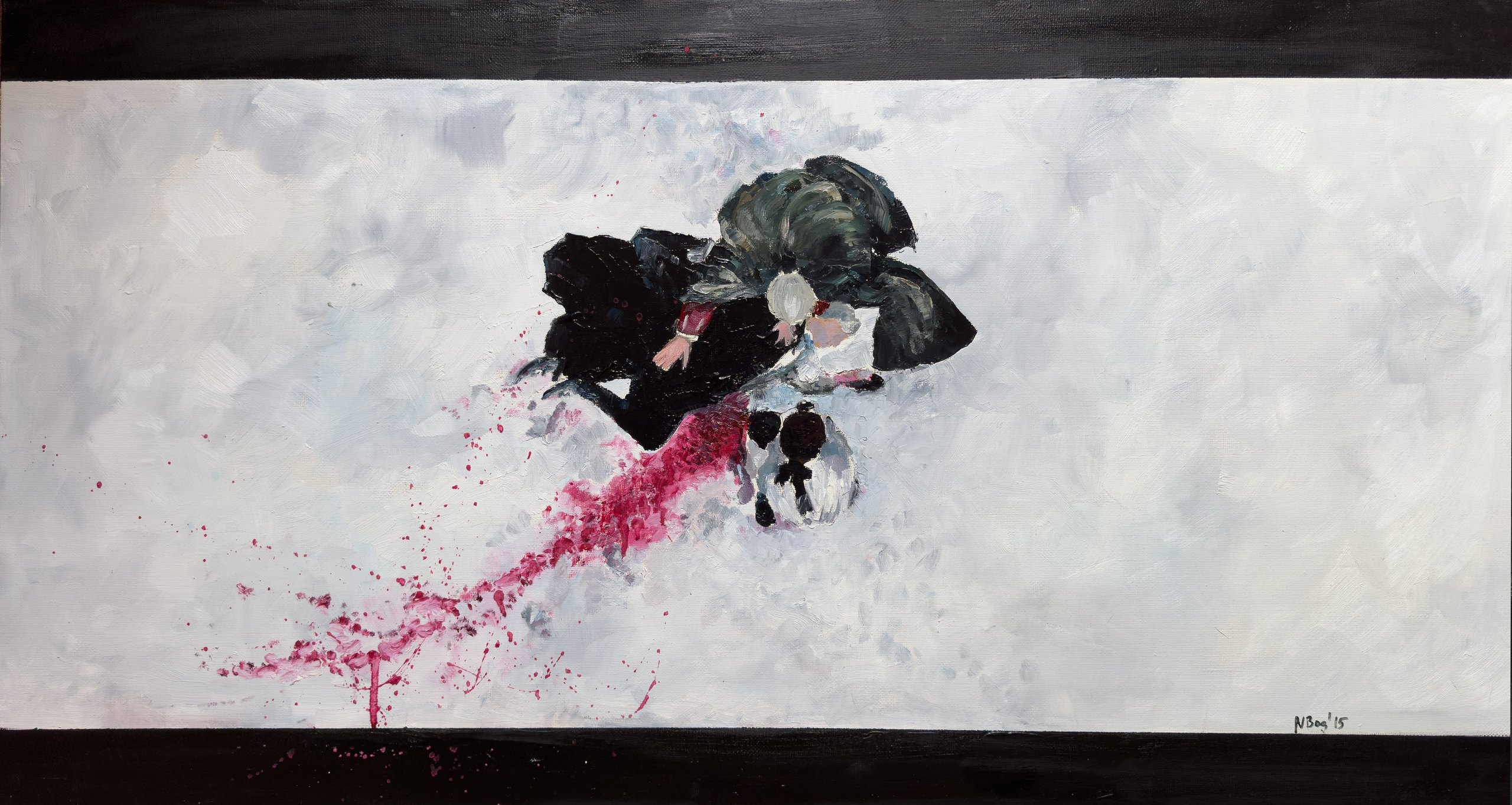 Oil painting on canvas, 110×60 cm, depicting a pivotal scene from Stephen Frears' 'Dangerous Liaisons', where the main character deliberately impales himself on a sword, signifying his demise. This powerful image accentuates the dark aspects of human nature while simultaneously presenting a life-affirming moment, suggesting that love has the power to purify and elevate even the darkest, most 'lost' individuals. The artwork’s intense emotional resonance and symbolic depth are conveyed through dramatic lighting and poignant composition.This artwork is available for sale.