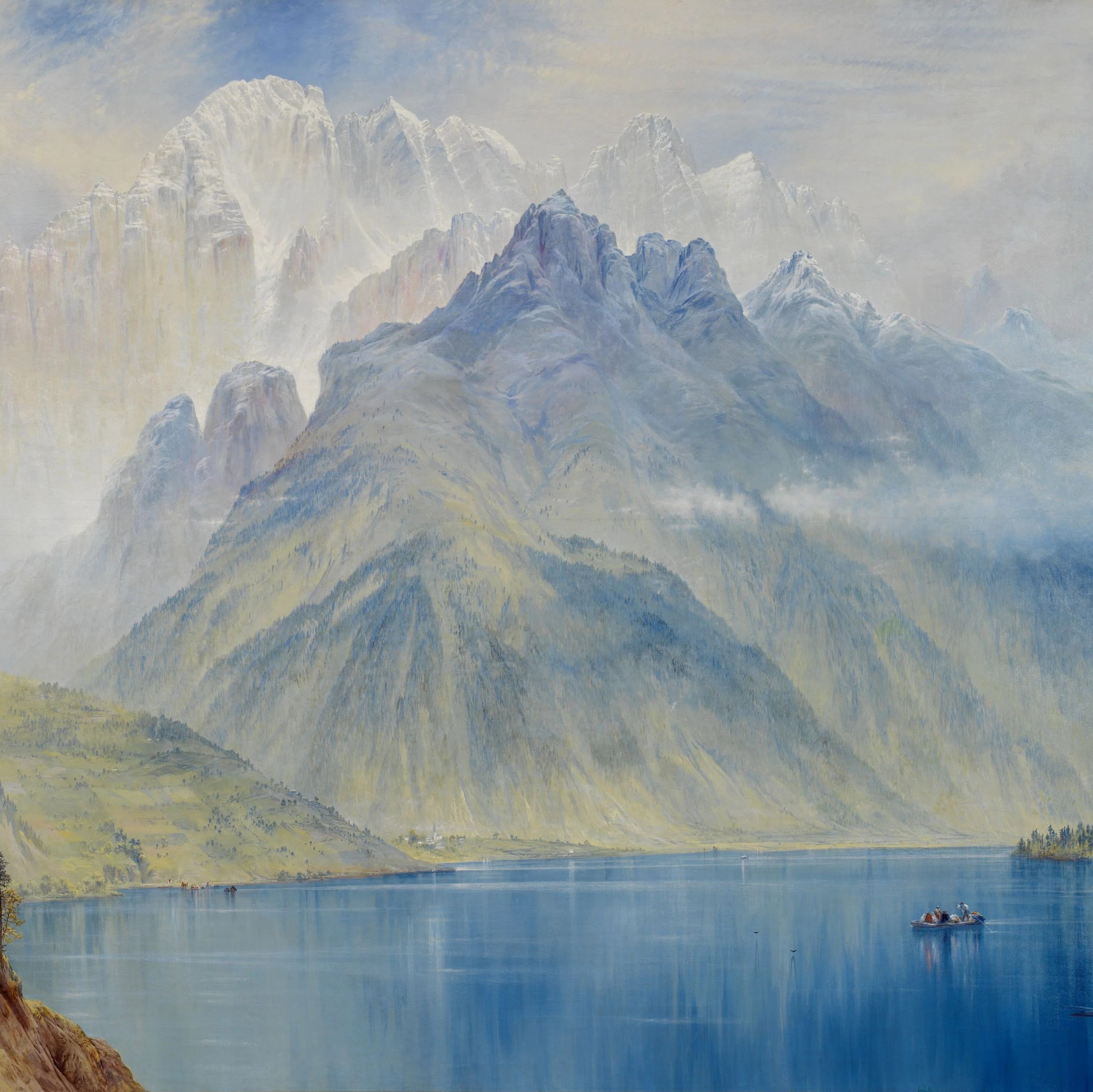 This is a 19th-century oil painting titled "Monte Civetta from Lake Alleghe" created by artist Elijah Walton in 1867. Walton, known for his detailed Alpine landscapes, utilized aerial perspective to create a profound sense of depth and atmospheric distance between the mountains and the foreground.