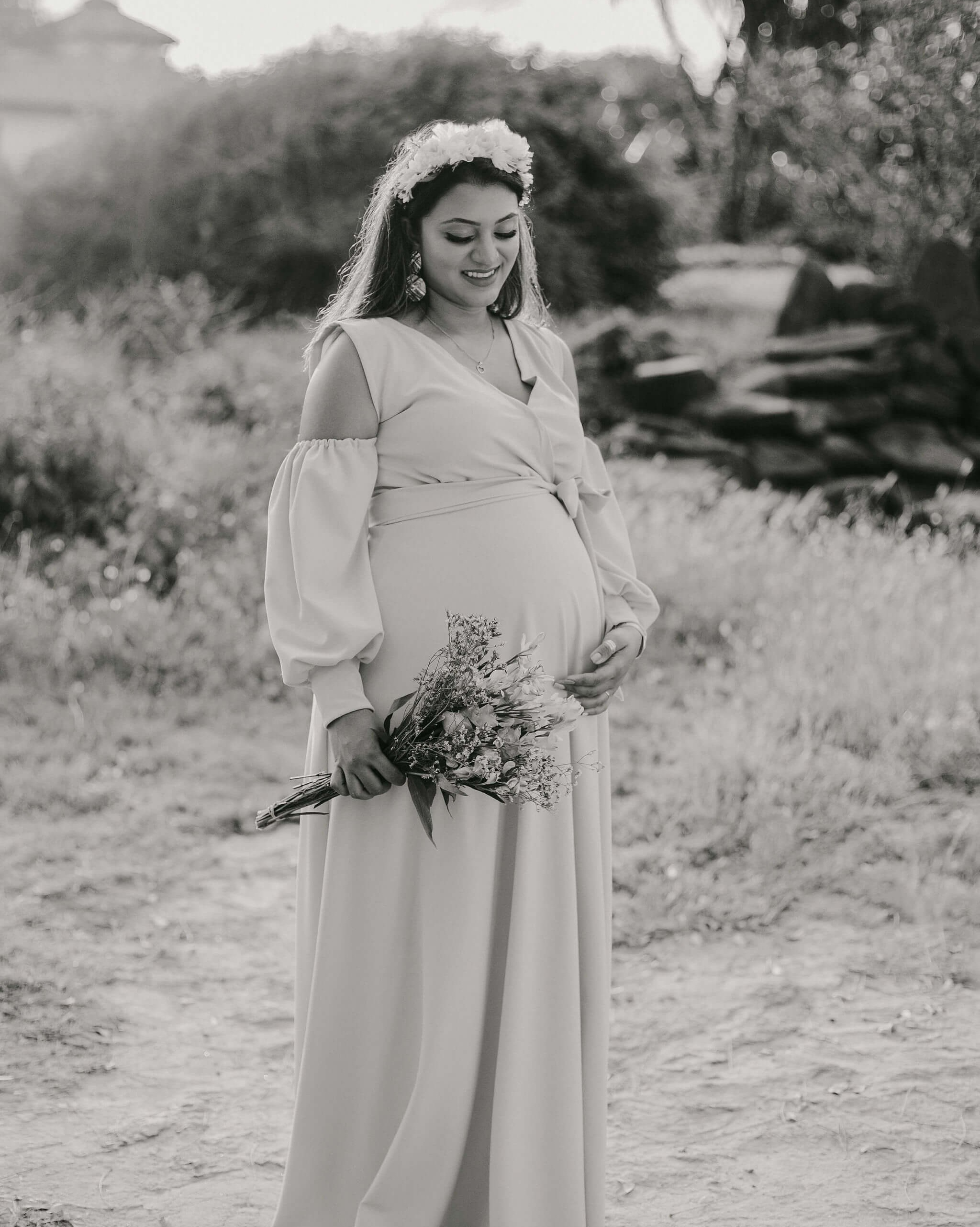 Elegant Mombasa B&W beach garden maternity photo — serene mood, captured in soft morning light.