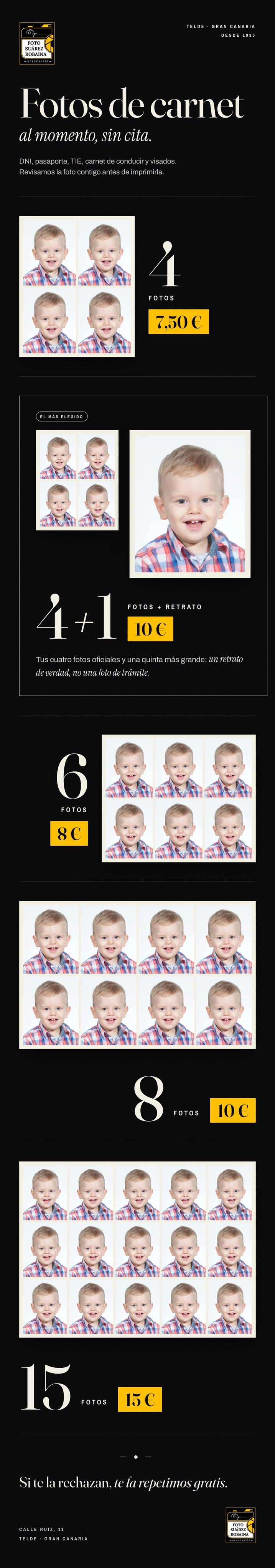 Tarifas de fotos de carnet en Telde: 4 fotos 7,50 €, 4+1 retrato 10 €, 6 fotos 8 €, 8 fotos 10 €, 15 fotos 15 €