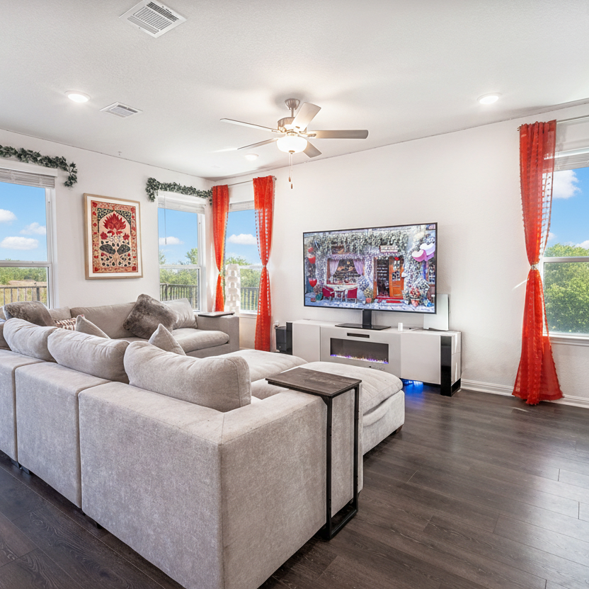 Bright contemporary living room with natural light photographed in Austin TX