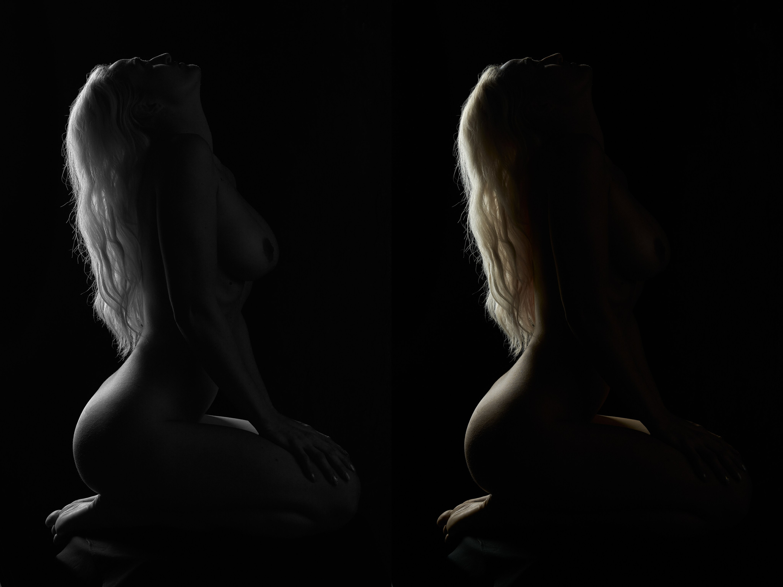 Opening nude silhouette in sculptural light and shadow