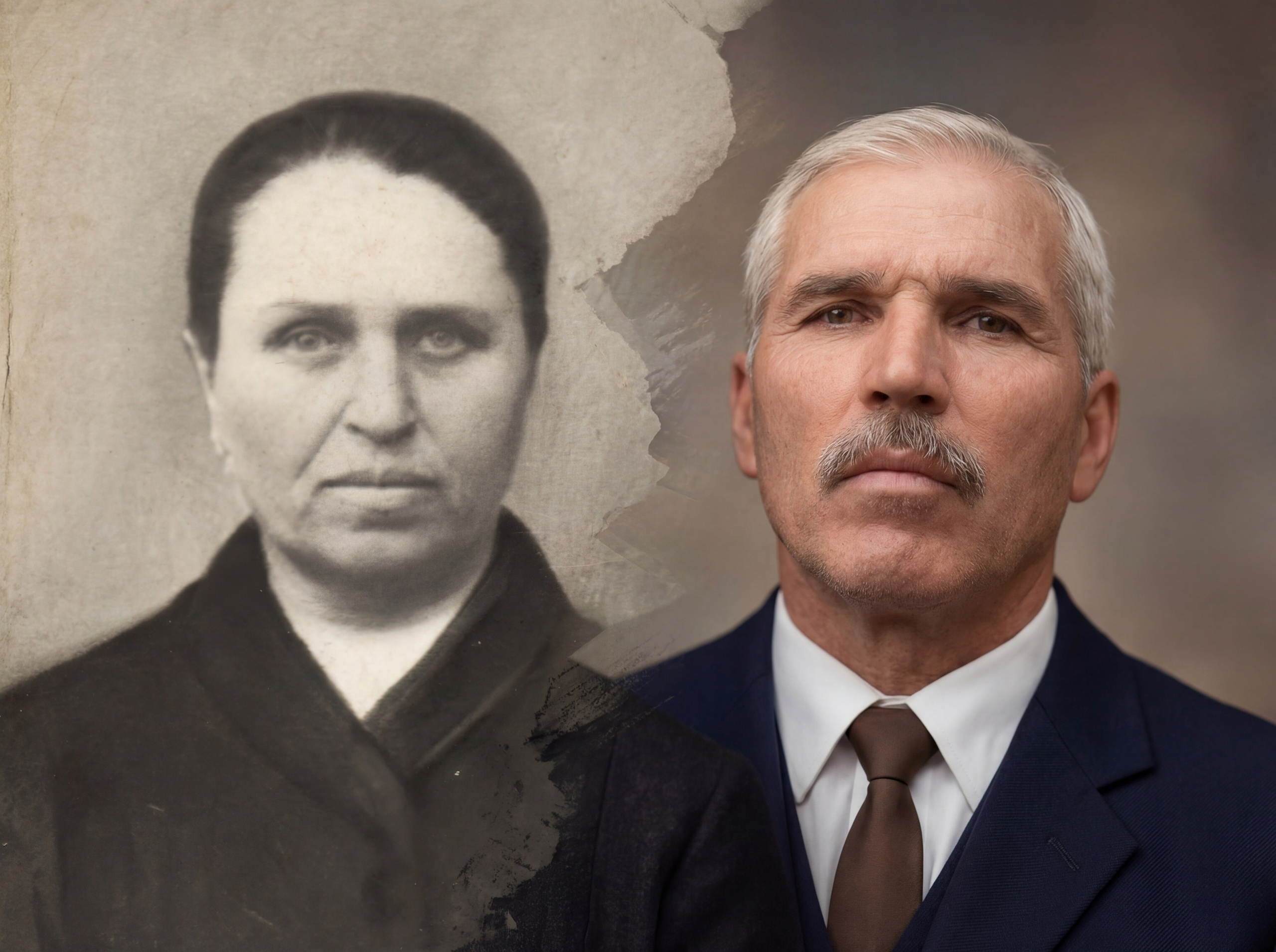 Side-by-side portraits of an elderly man in a suit and a vintage black and white photo of a woman.