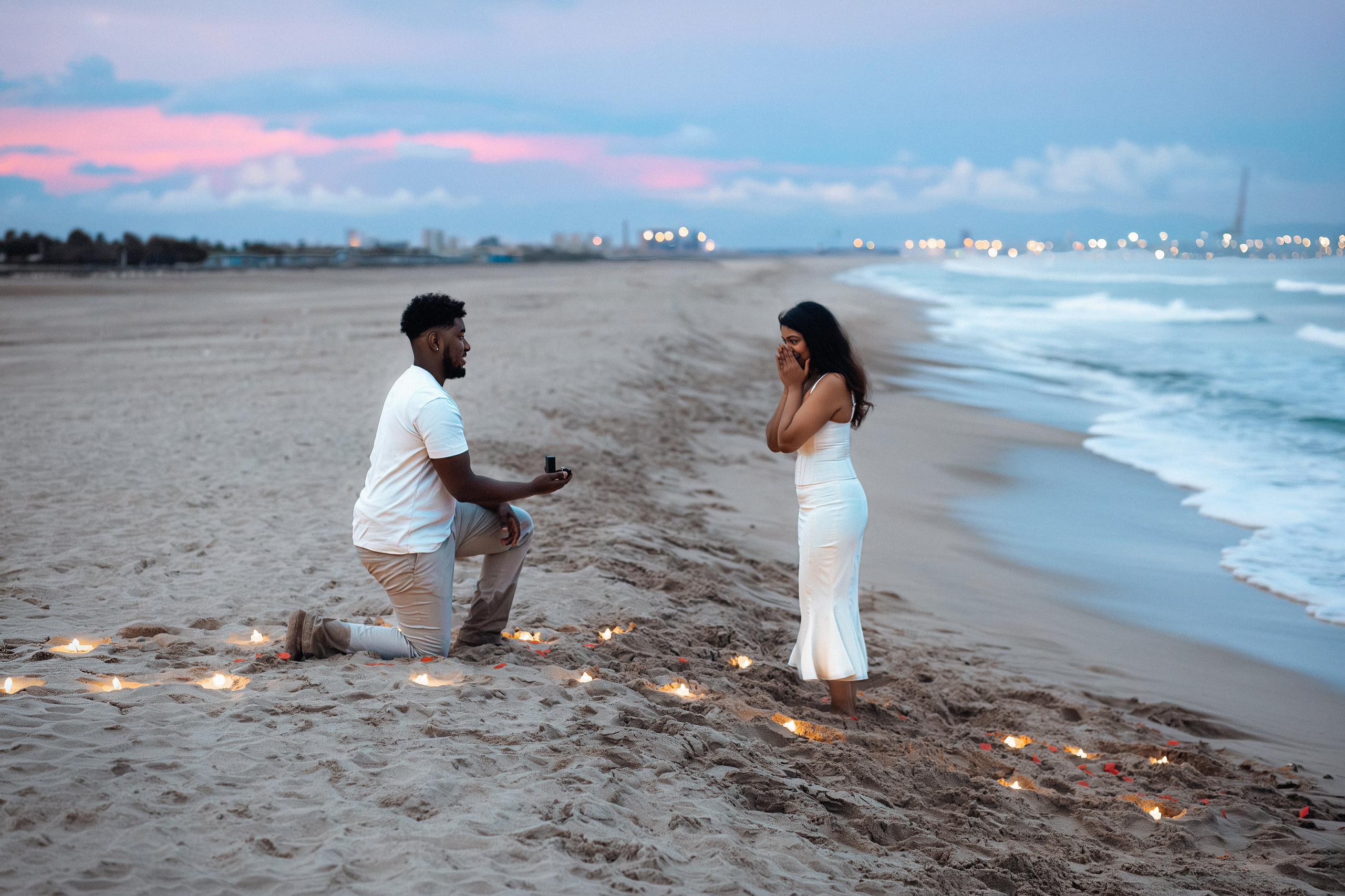 destination wedding moment in Valencia, Spain with a beach proposal during sunset by the Mediterranean Sea