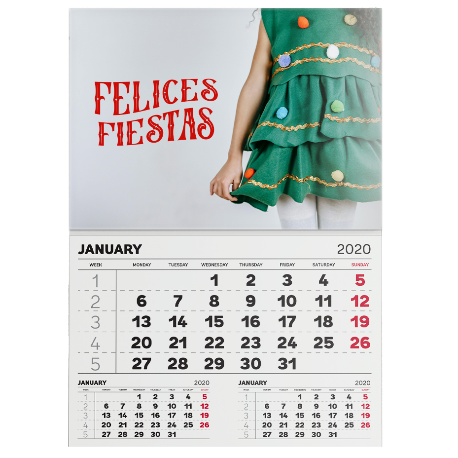 Calendario personalizado con una foto de las sesiones de Navidad de Rainbox, combinando la utilidad diaria con un toque personal y festivo para recordar momentos especiales durante todo el año