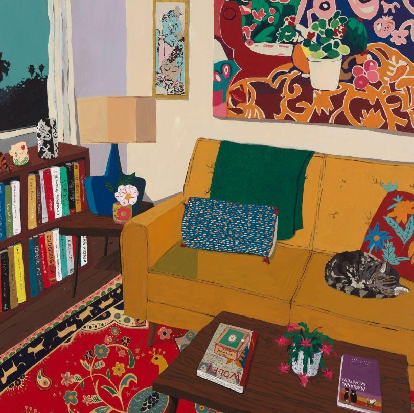 a painting titled "Winter Room" (2020) by American artist Hilary Pecis. Colorful Living Room Interior with Yellow Sofa and Patterned Rug — Claire Basler — colorful contemporary interior painting with bookshelves, patterned carpet, cat on sofa, plants, cozy living room illustration, modern naive style interior painting 
