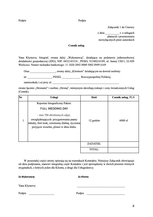 Umowa. Fotograf ślubny i rodzinny w Krakowie Yana Klymova