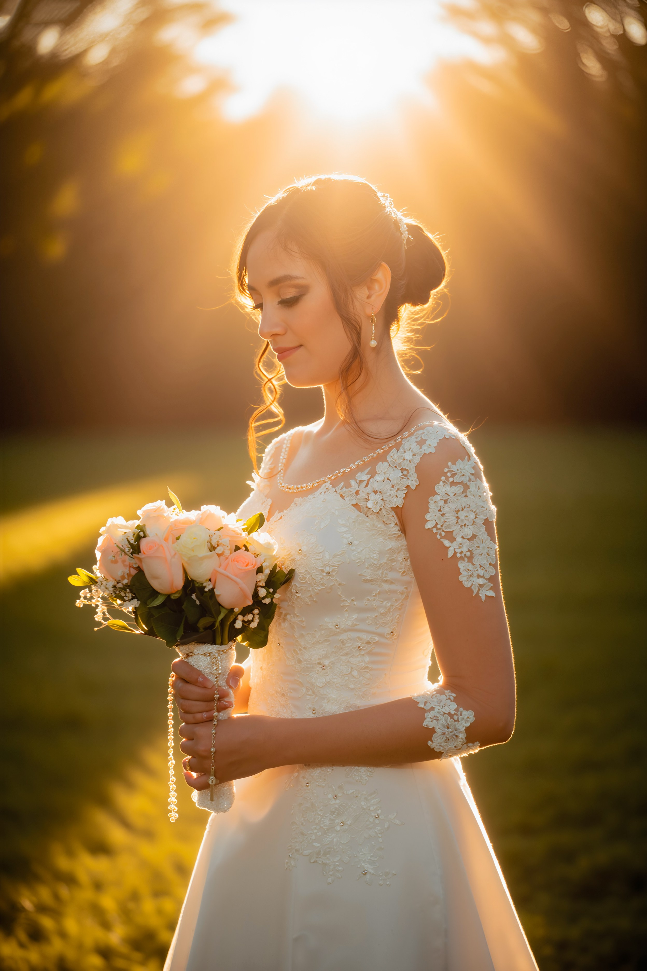 Novia en sesión de fotos en interiores con vestido blanco y ramo de rosas, fotografía profesional de bodas en Huancayo - Perú