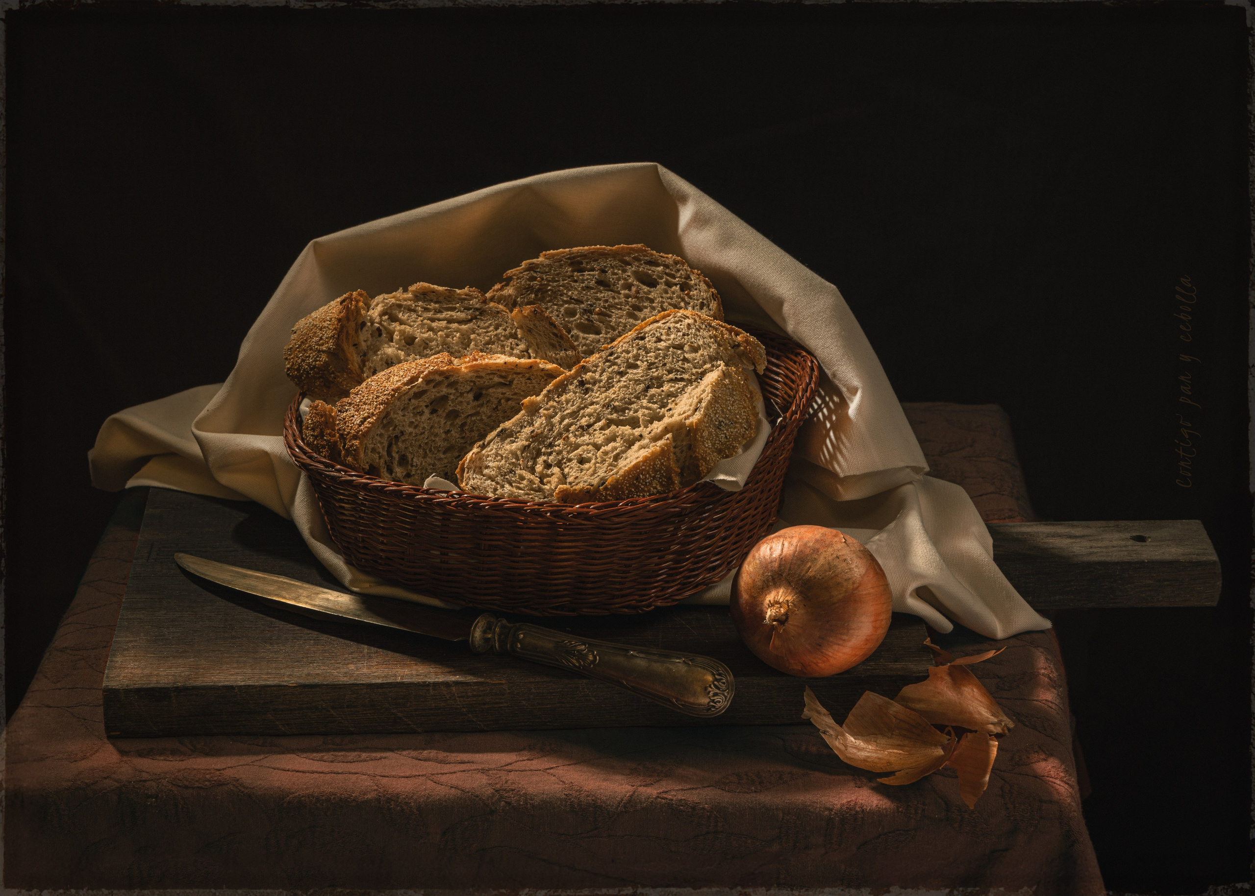High-resolution photograph for sale, featuring a still life in the style of Dutch painting. The image showcases a classic composition with bread, oysters, and other elements reminiscent of a traditional Dutch still life. Perfect for interior design or art enthusiasts interested in a blend of classic art and modern photography.