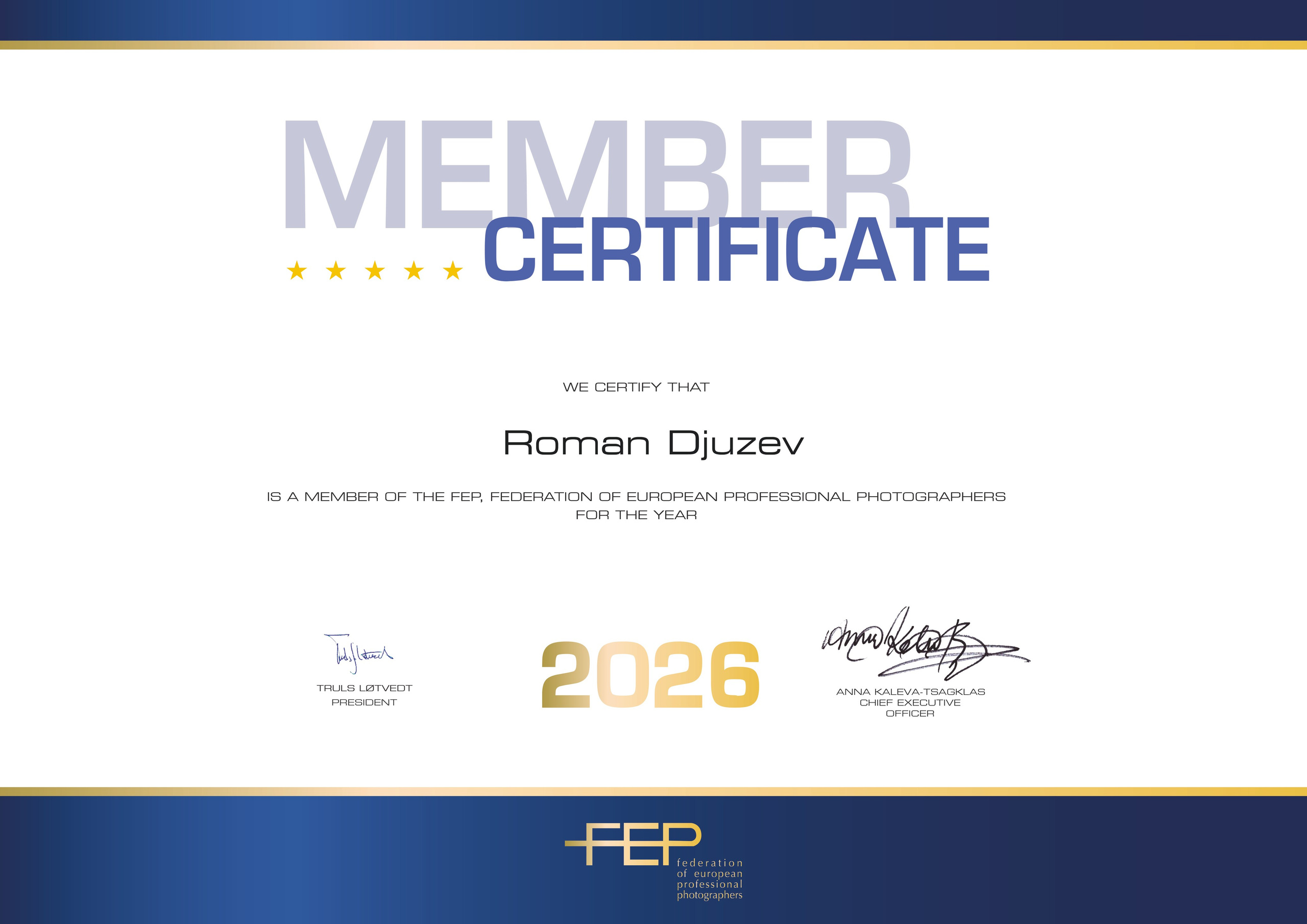 Сертификат члена FEP 2026 — Роман Дюжев, Federation of European Professional Photographers.