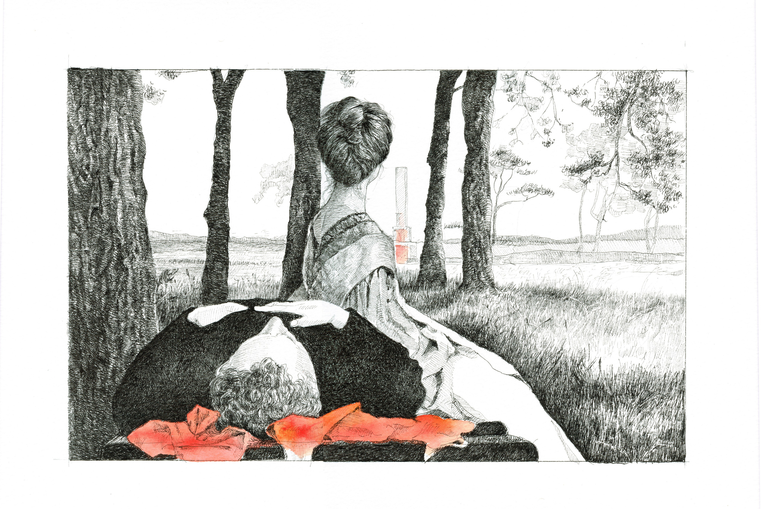 For Sale: Pen and ink drawings interpreting scenes from Andrei Tarkovsky's films. Black and white artwork with hints of red, symbolizing transformation. Available for purchase, these pieces offer a unique take on Tarkovsky's cinematic themes