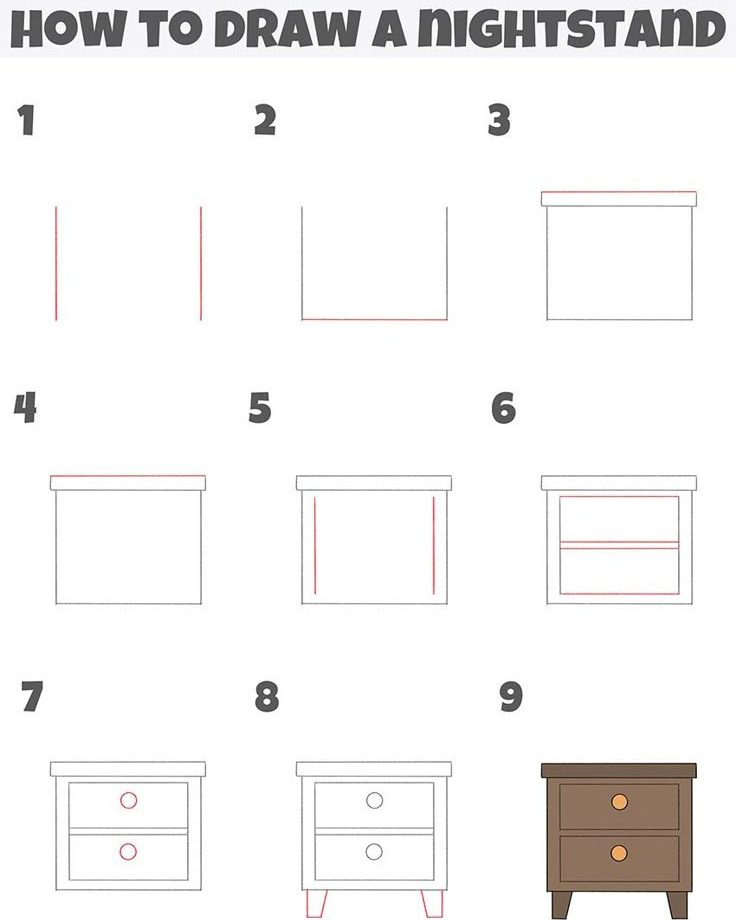 Как нарисовать прикроватную тумбочку для детей «Пошаговый урок рисования прикроватной тумбочки для детей: 9 простых этапов от линии до деревянной тумбы с двумя ящиками и ручками, how to draw for kids