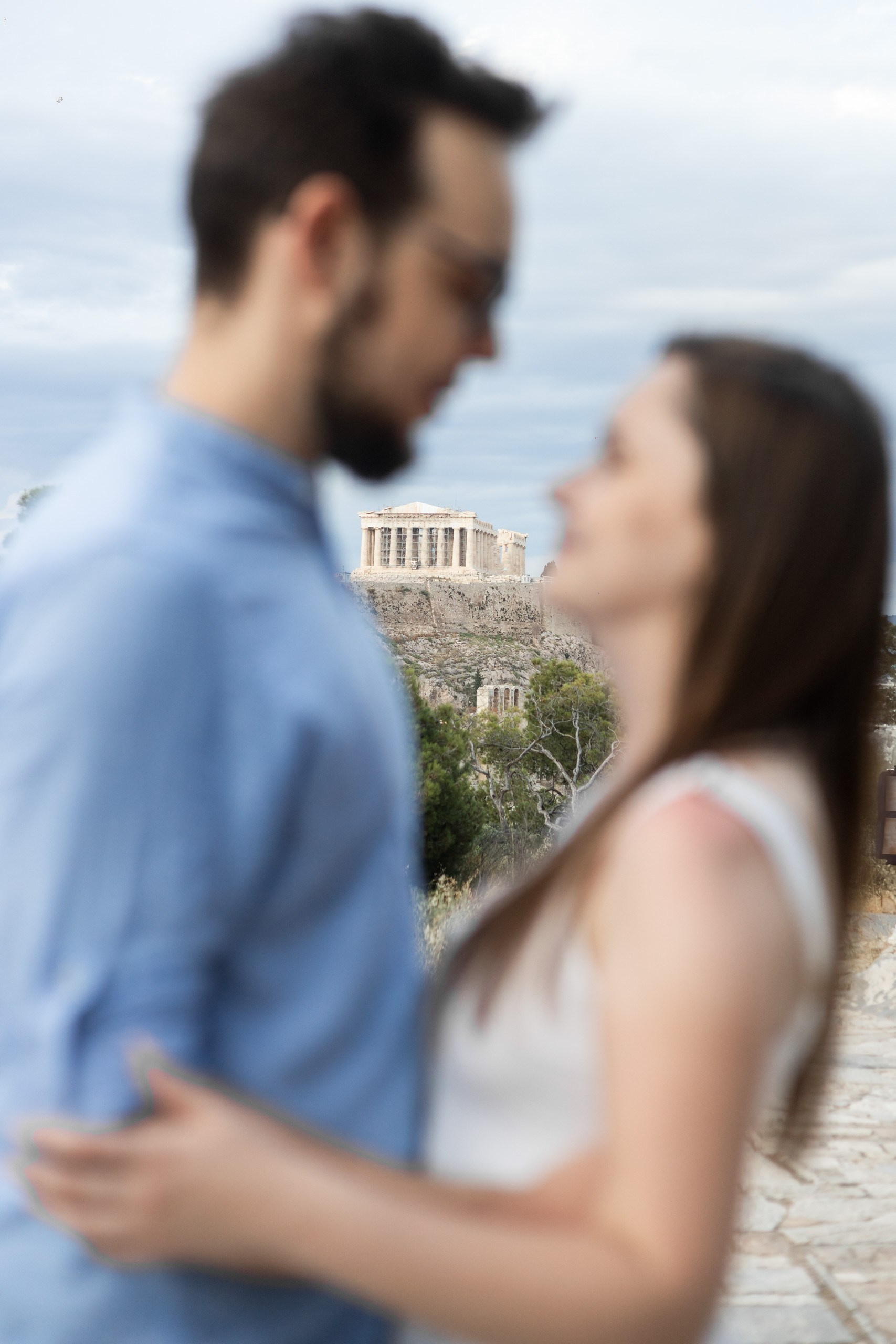 Romantic close-up of a newlywed couple in Athens